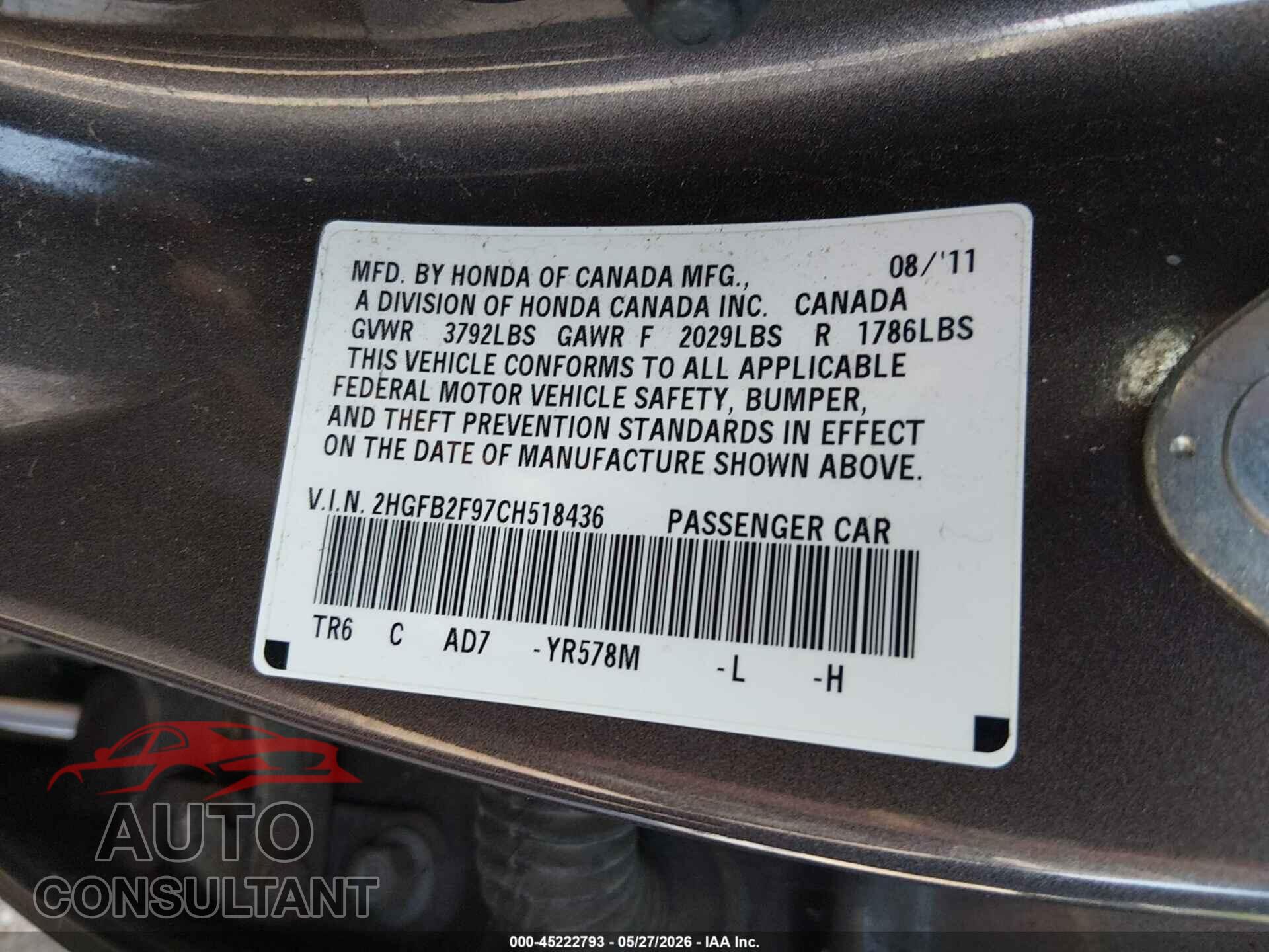 HONDA CIVIC 2012 - 2HGFB2F97CH518436