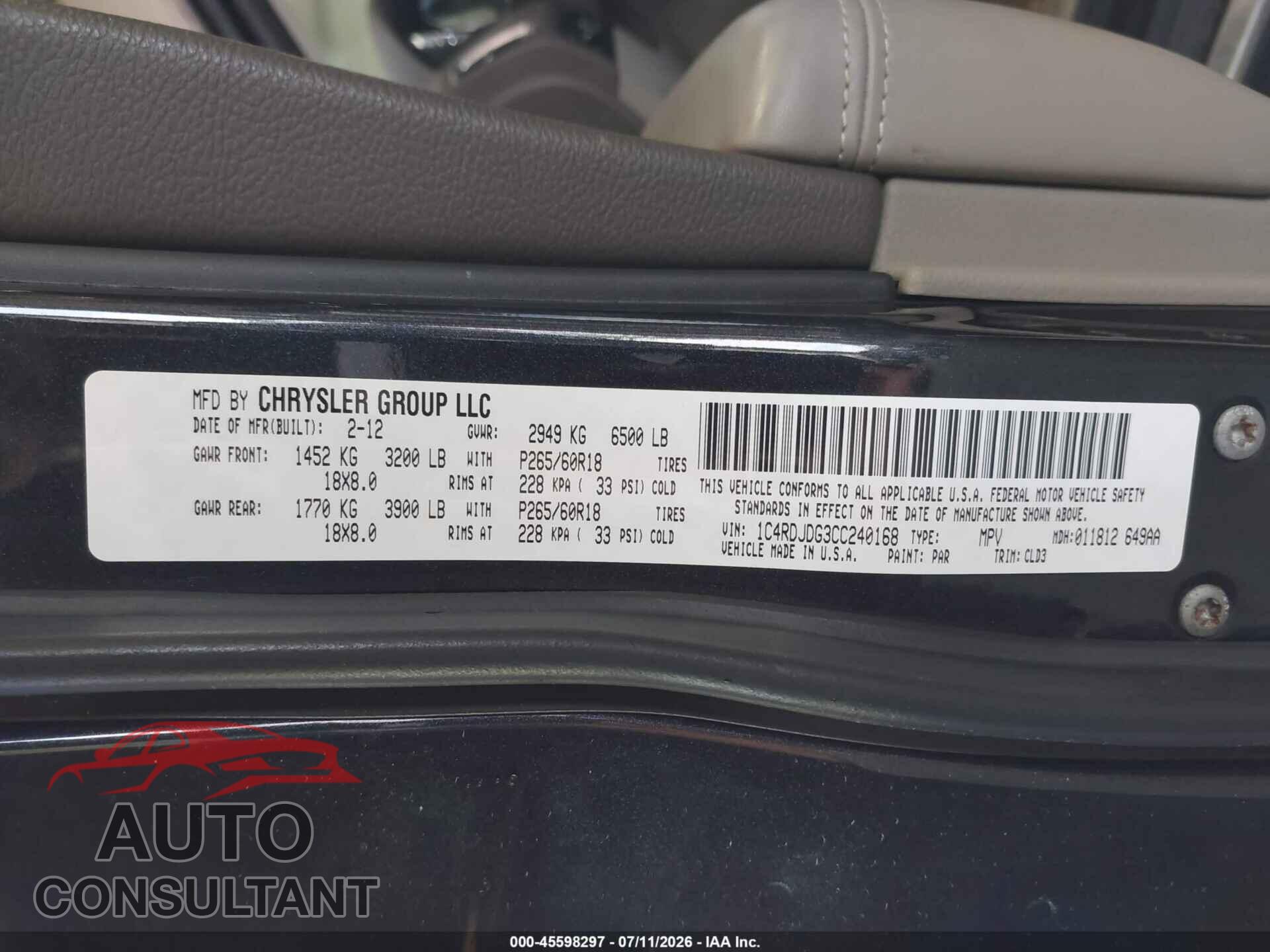 DODGE DURANGO 2012 - 1C4RDJDG3CC240168