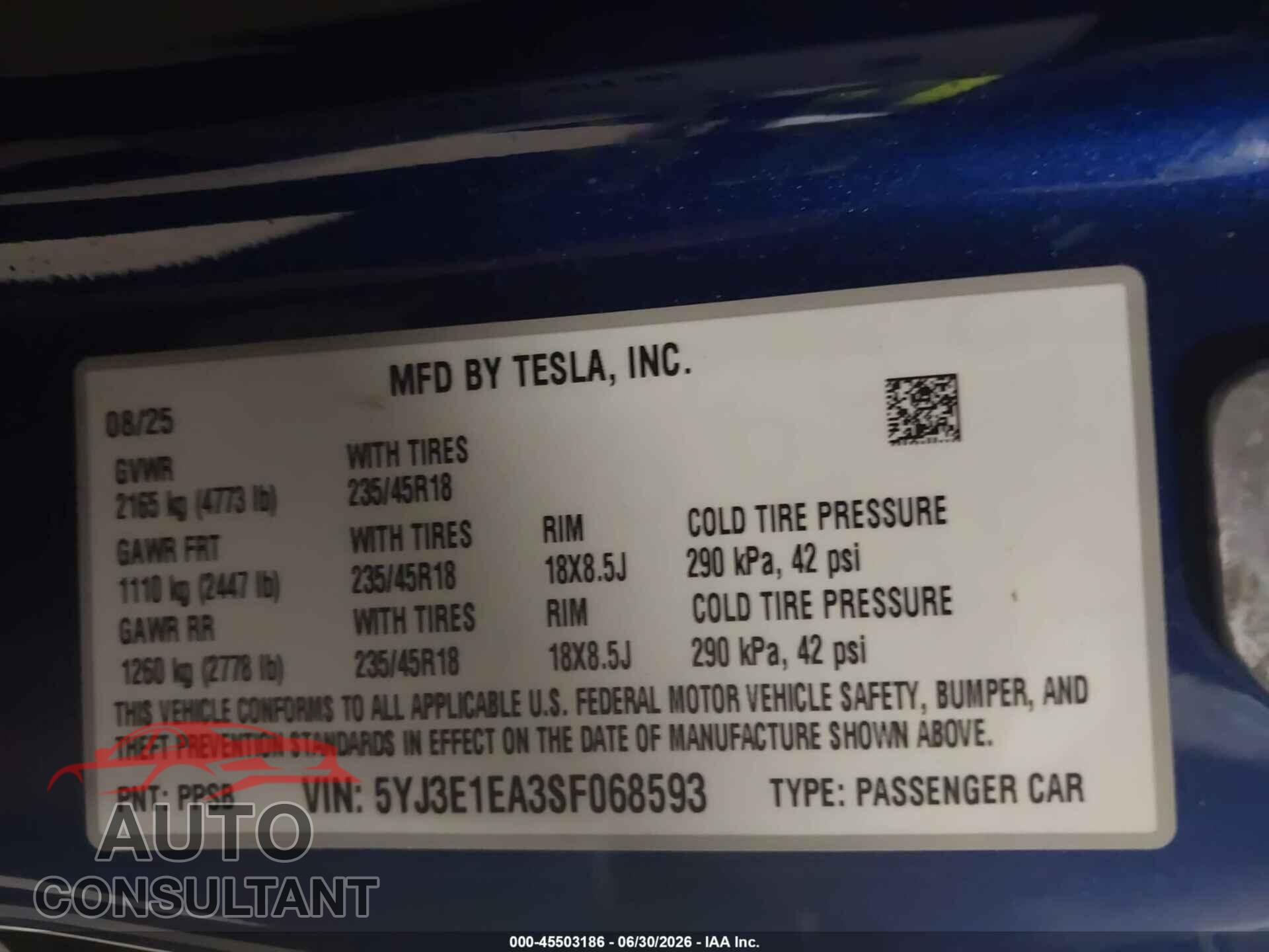 TESLA MODEL 3 2025 - 5YJ3E1EA3SF068593