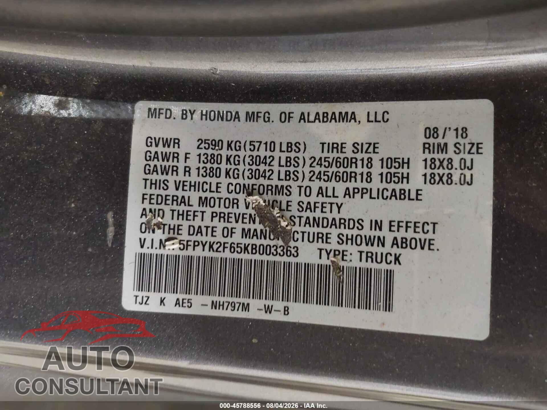 HONDA RIDGELINE 2019 - 5FPYK2F65KB003363