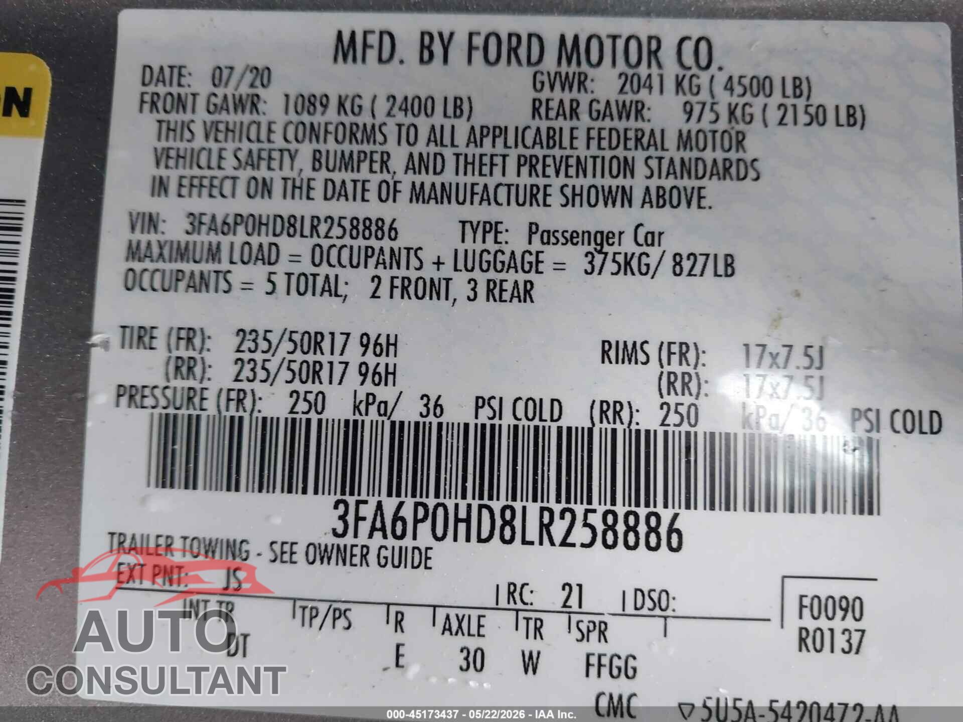 FORD FUSION 2020 - 3FA6P0HD8LR258886