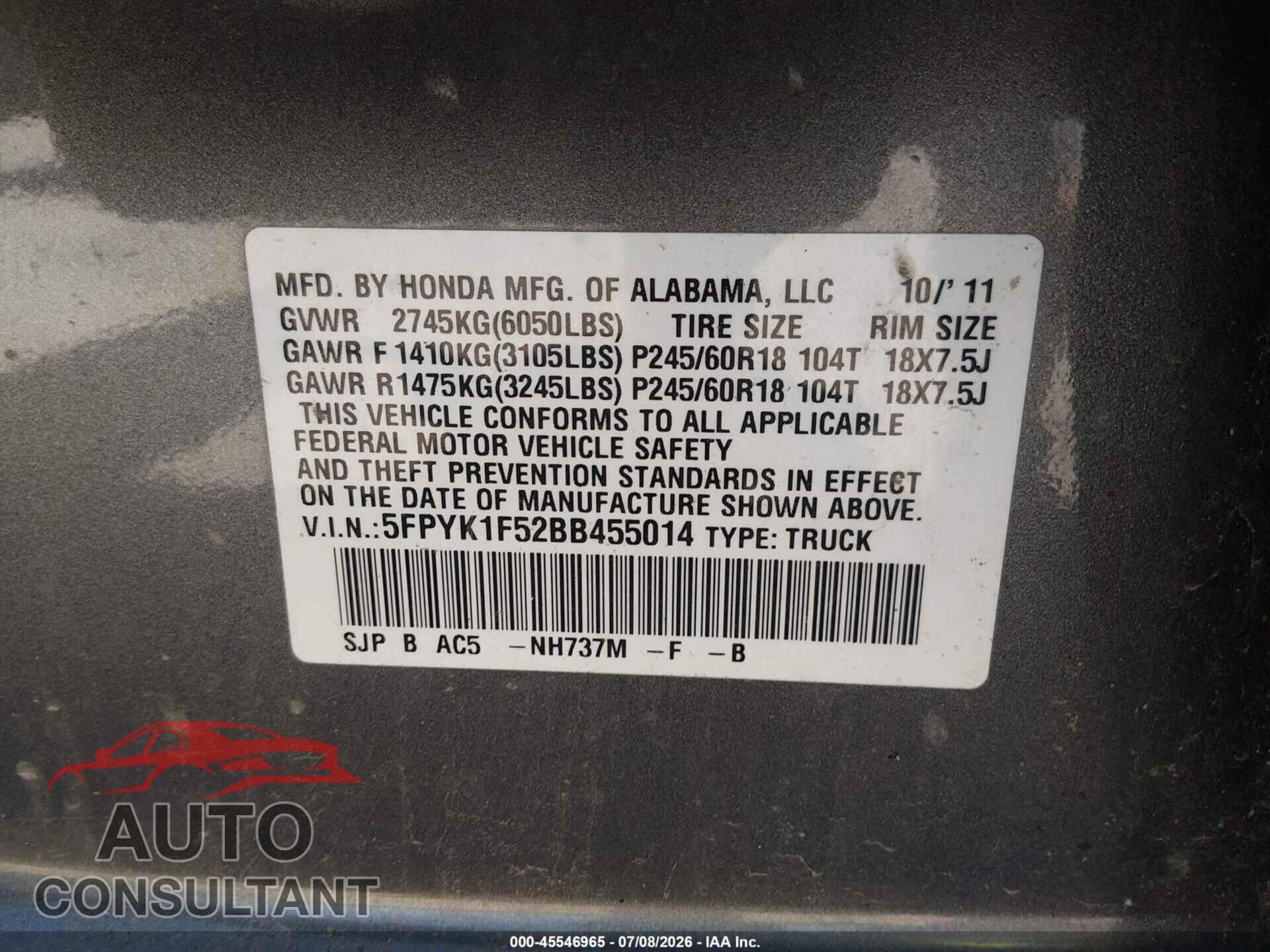 HONDA RIDGELINE 2011 - 5FPYK1F52BB455014