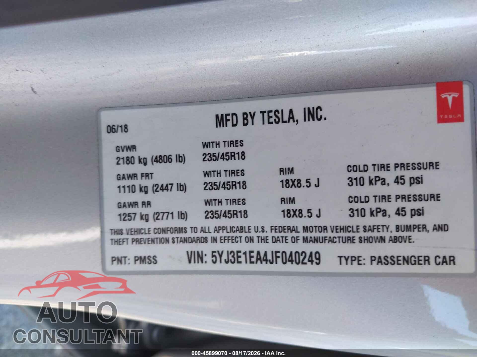 TESLA MODEL 3 2018 - 5YJ3E1EA4JF040249