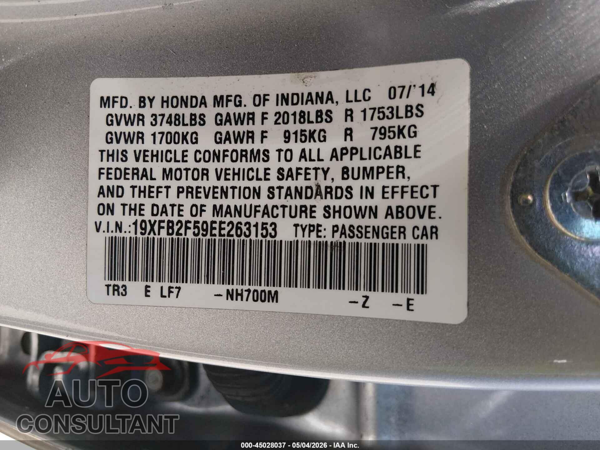 HONDA CIVIC 2014 - 19XFB2F59EE263153