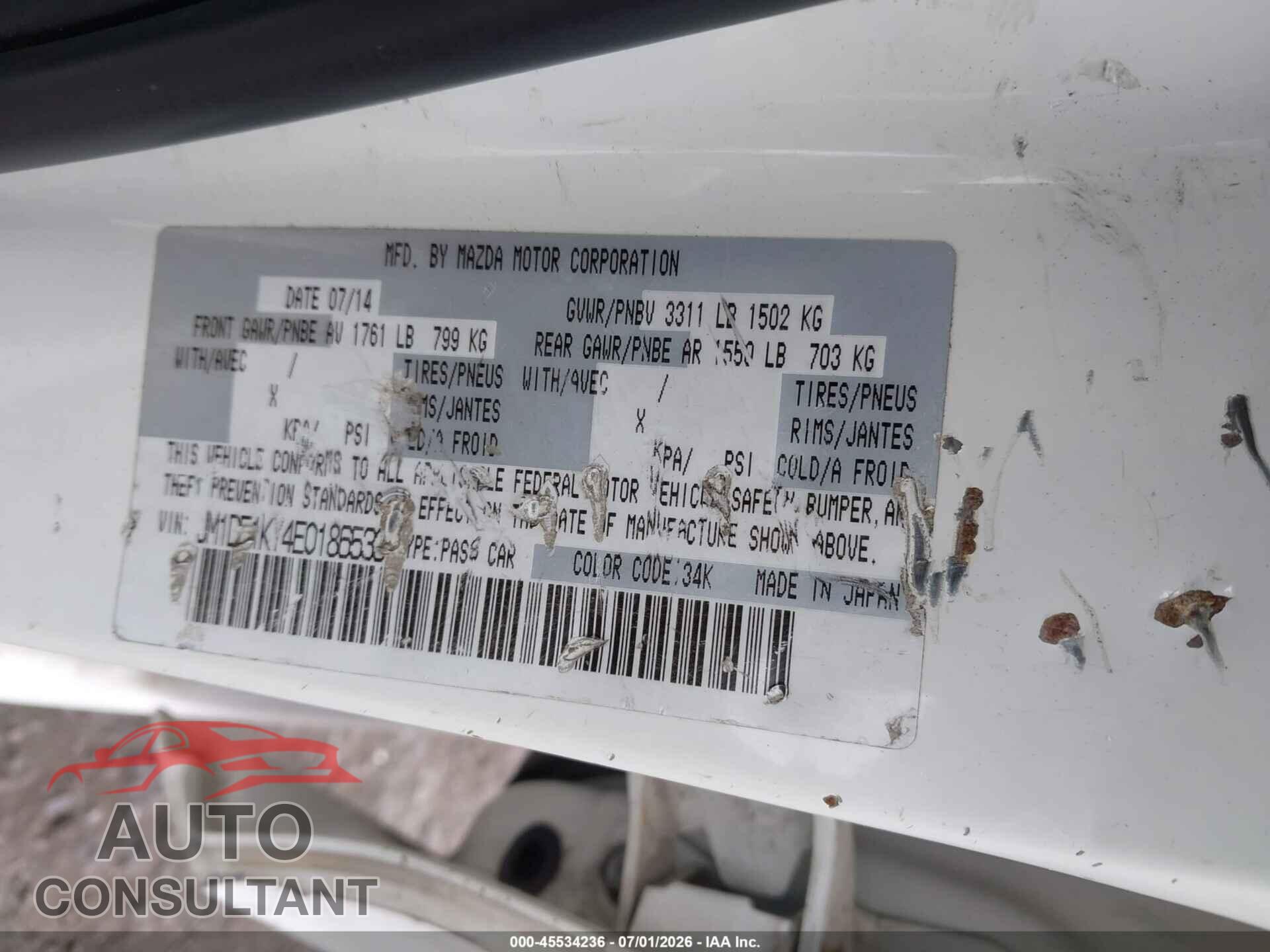 MAZDA MAZDA2 2014 - JM1DE1KY4E0186533
