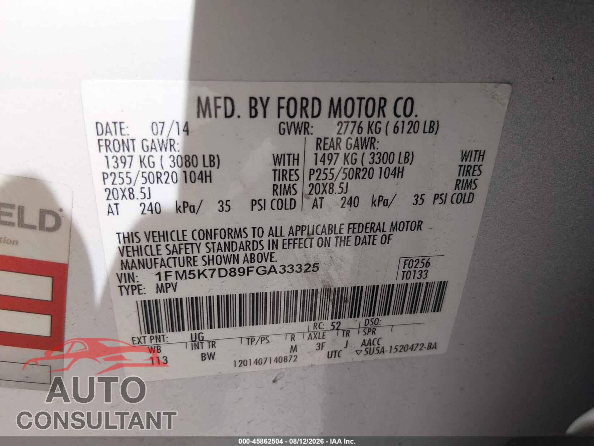 FORD EXPLORER 2015 - 1FM5K7D89FGA33325