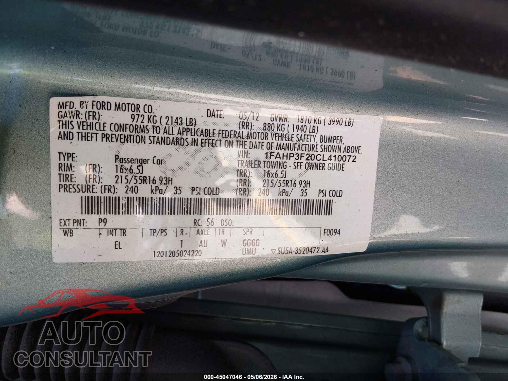FORD FOCUS 2012 - 1FAHP3F20CL410072