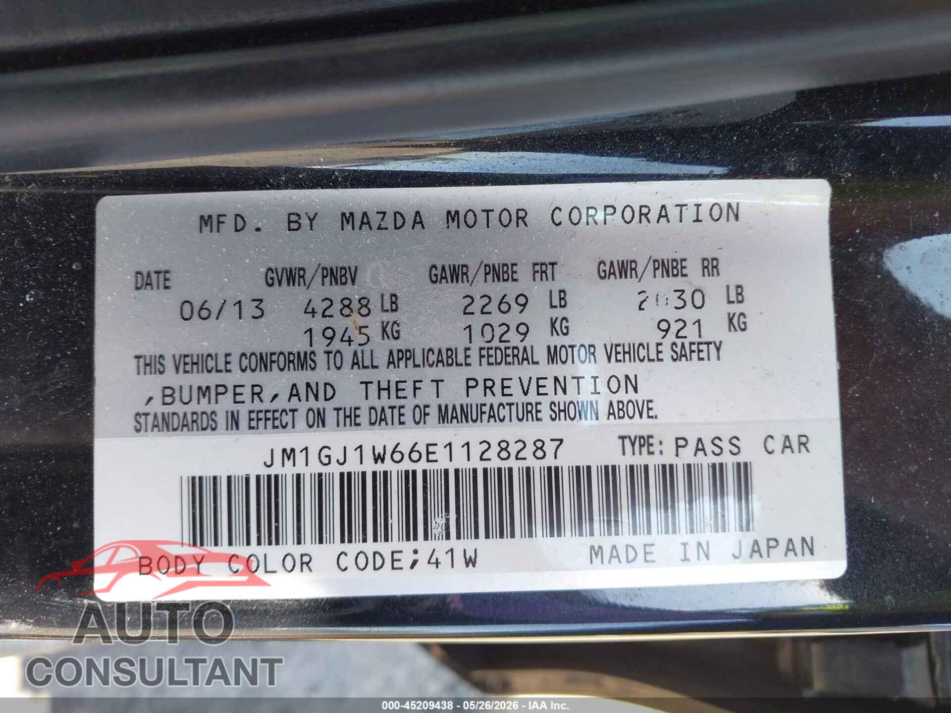 MAZDA MAZDA6 2014 - JM1GJ1W66E1128287
