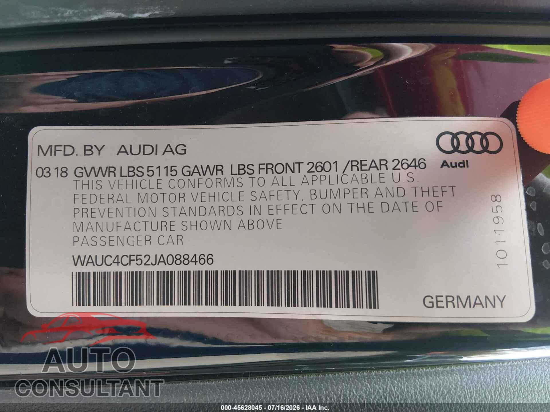 AUDI S5 2018 - WAUC4CF52JA088466