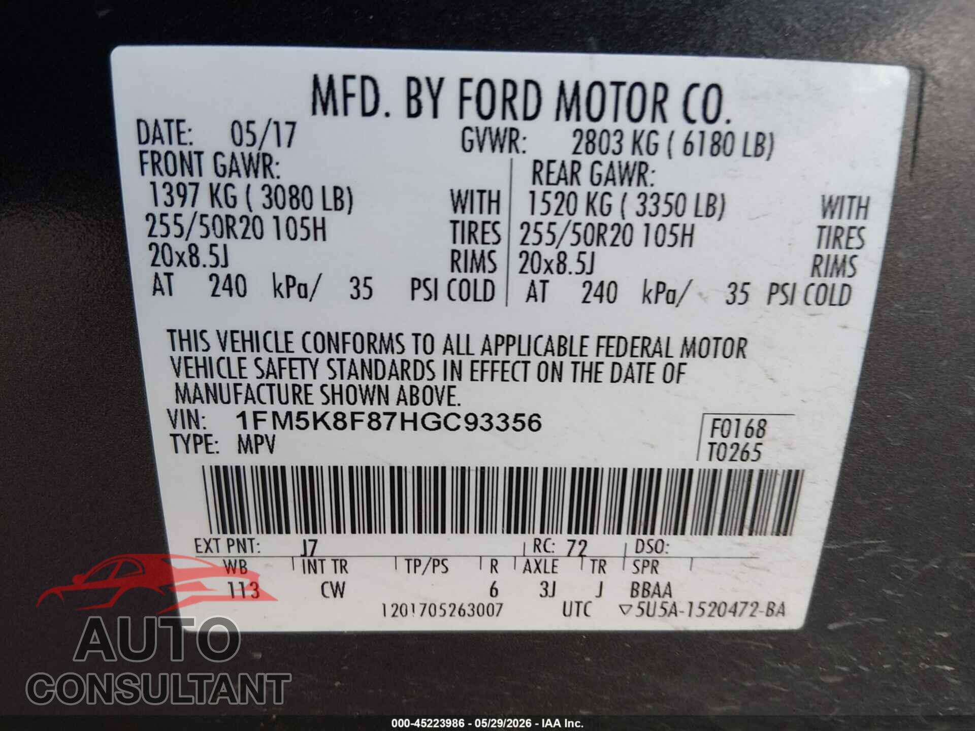FORD EXPLORER 2017 - 1FM5K8F87HGC93356