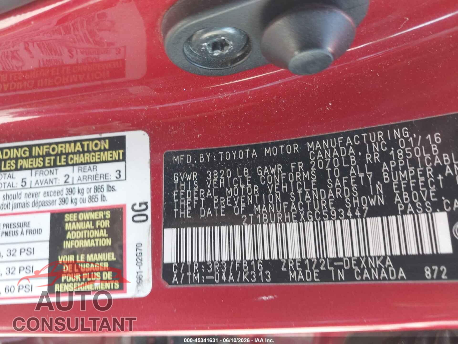 TOYOTA COROLLA 2016 - 2T1BURHEXGC593447