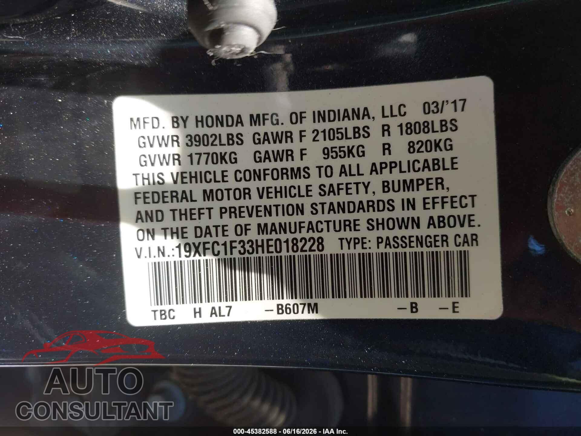 HONDA CIVIC 2017 - 19XFC1F33HE018228