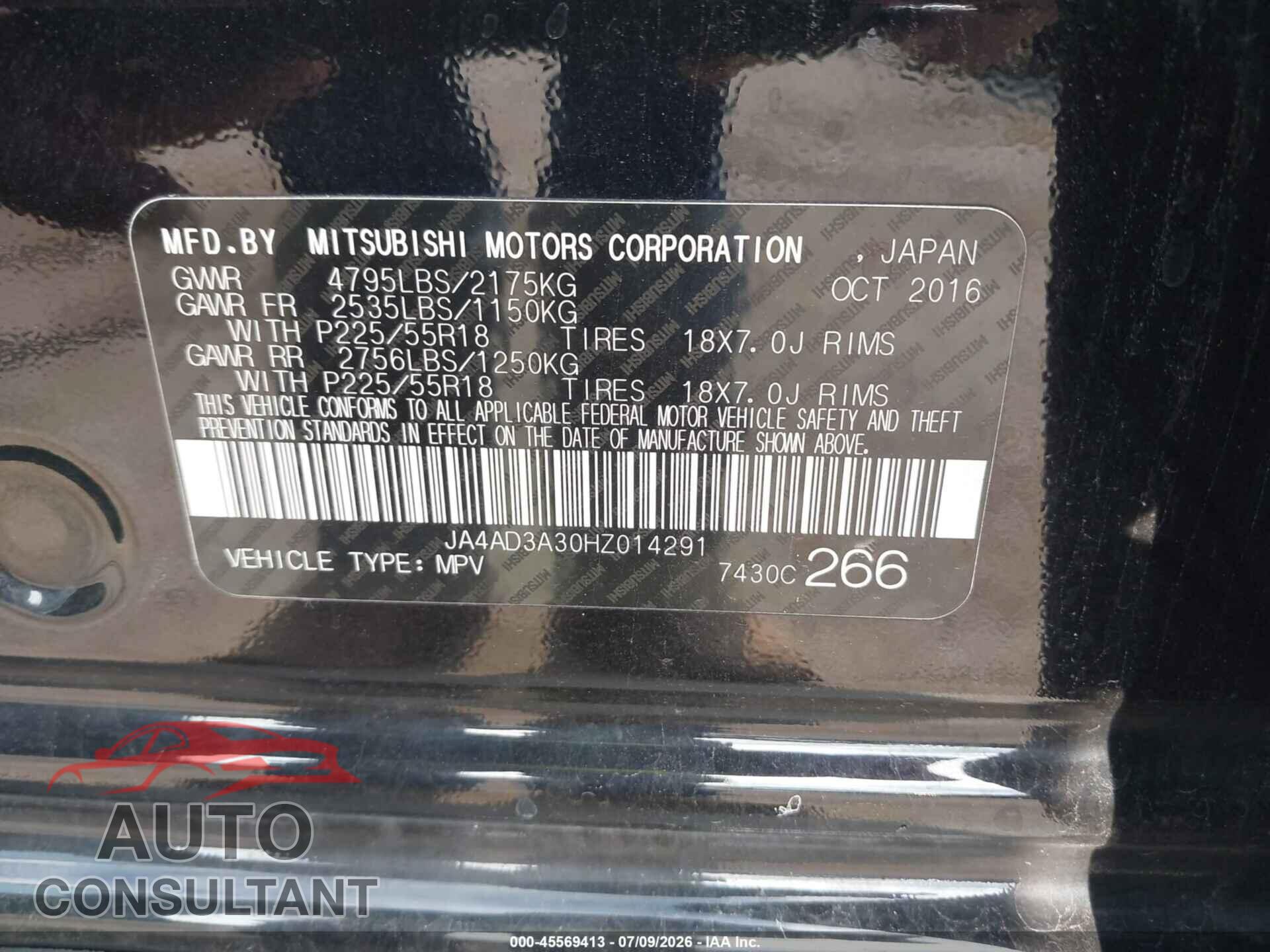 MITSUBISHI OUTLANDER 2017 - JA4AD3A30HZ014291