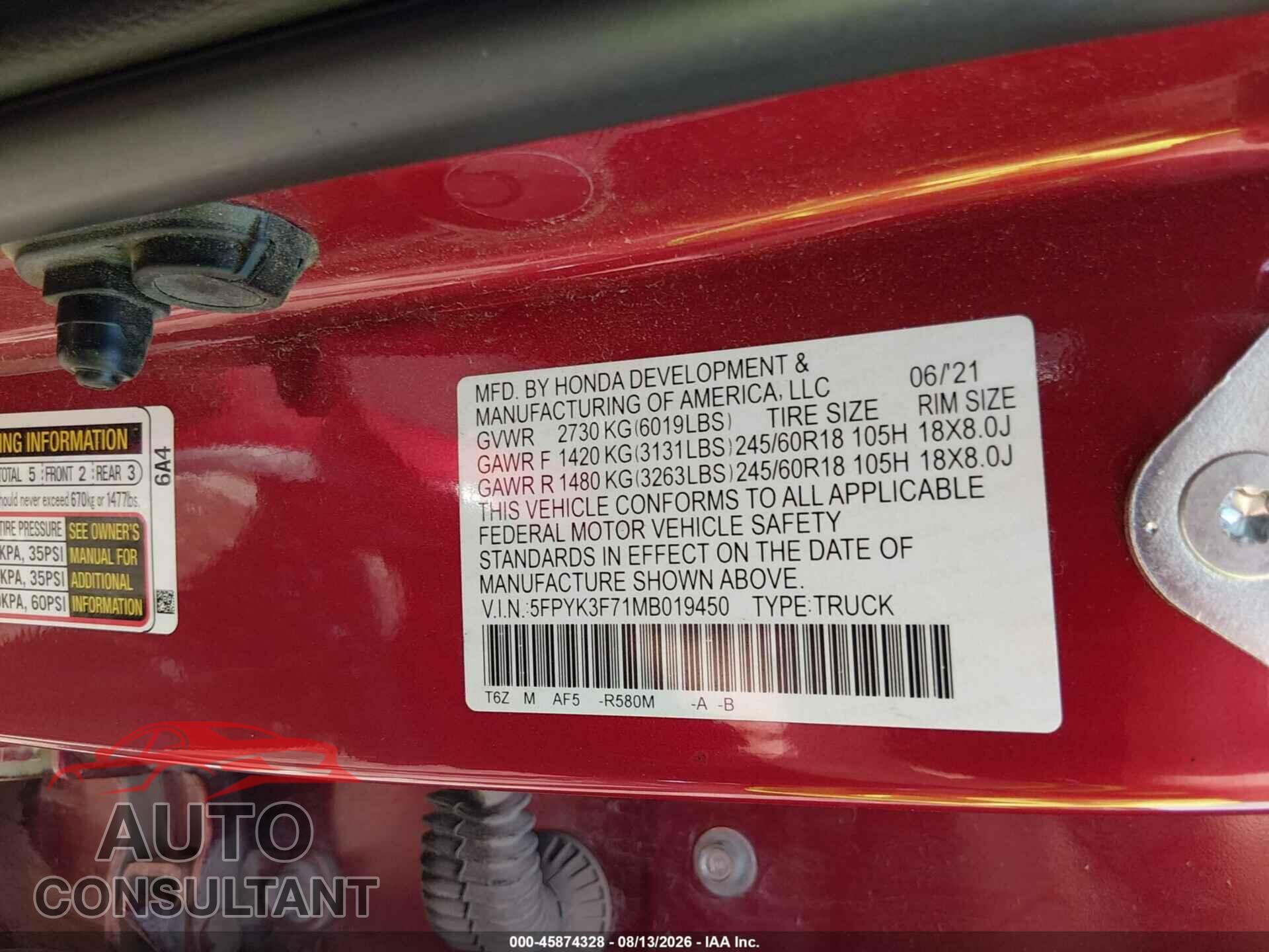 HONDA RIDGELINE 2021 - 5FPYK3F71MB019450