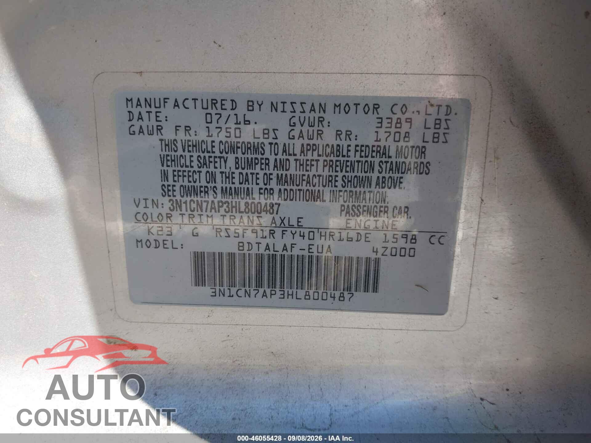 NISSAN VERSA 2017 - 3N1CN7AP3HL800487