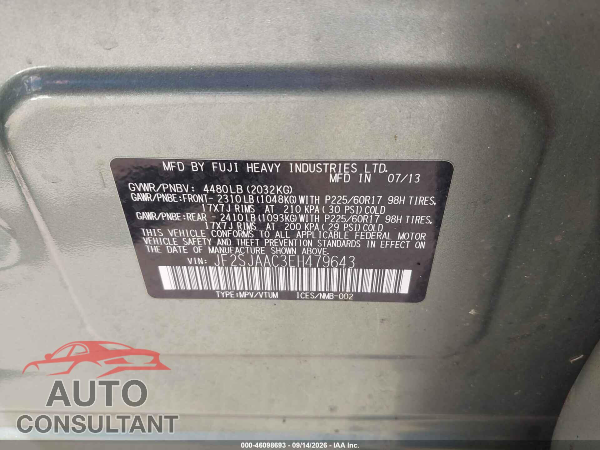 SUBARU FORESTER 2014 - JF2SJAAC3EH479643
