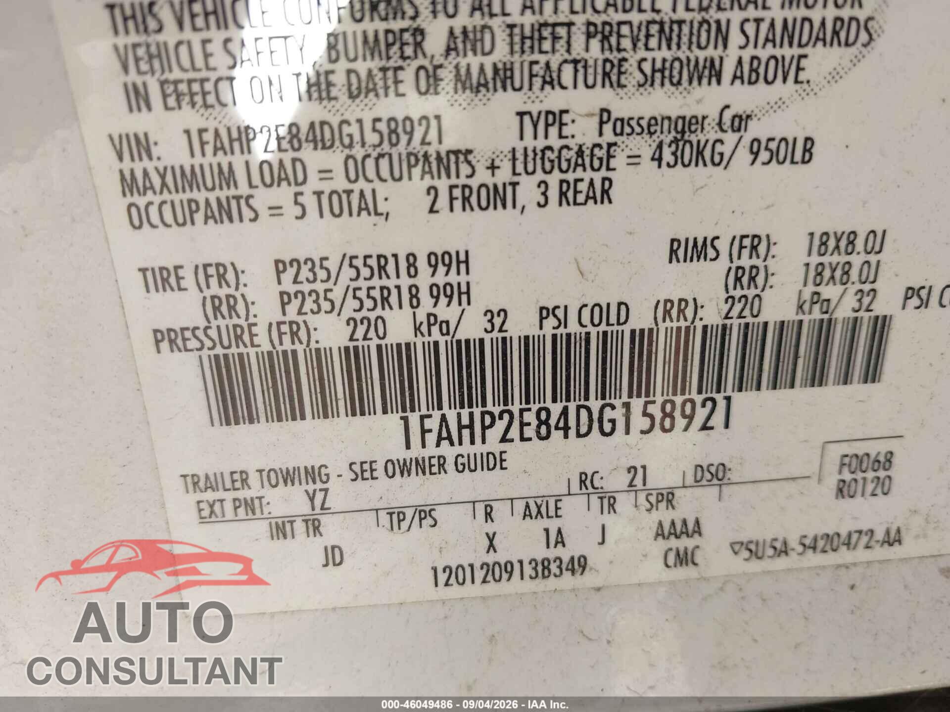 FORD TAURUS 2013 - 1FAHP2E84DG158921