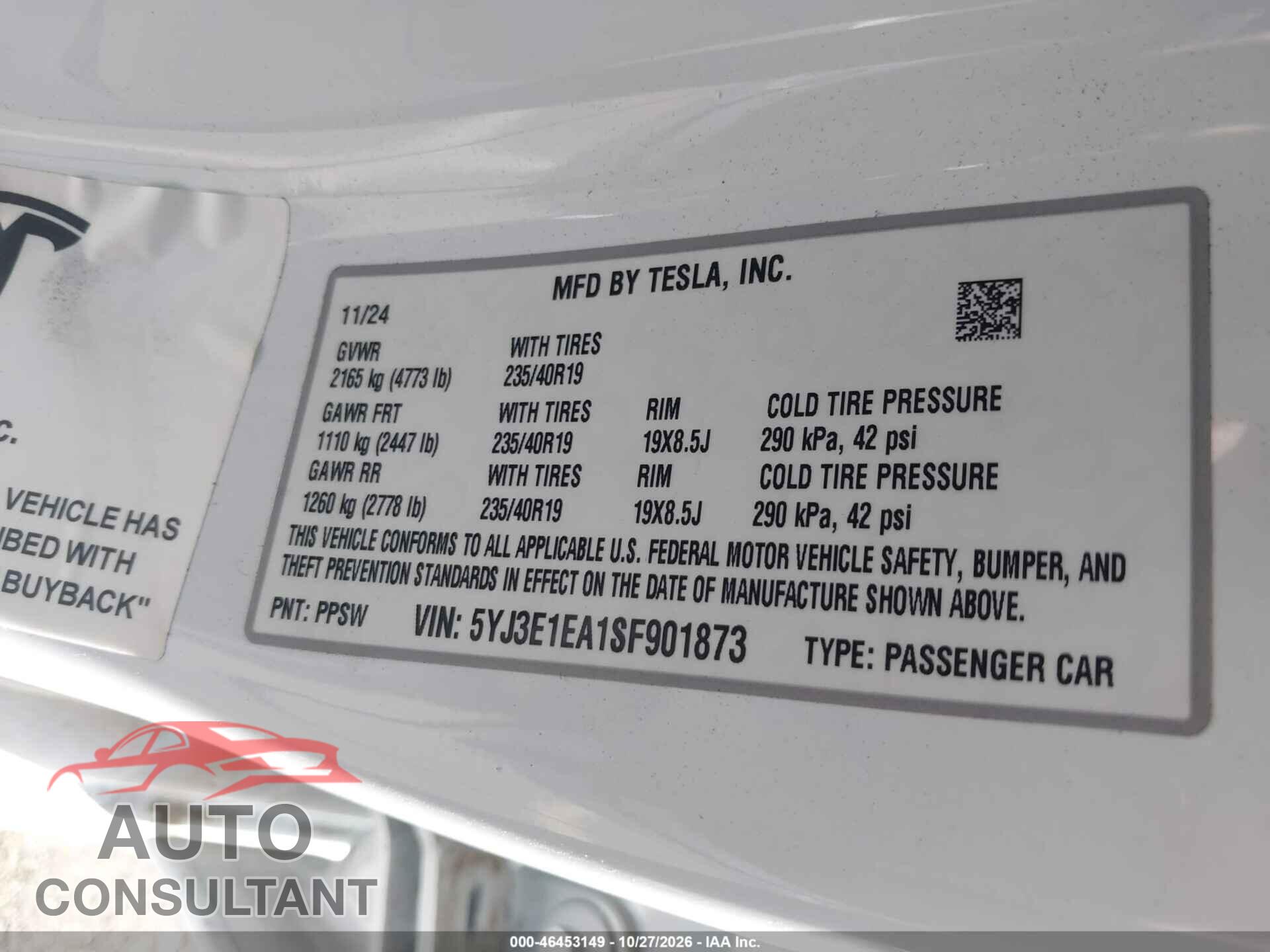 TESLA MODEL 3 2025 - 5YJ3E1EA1SF901873