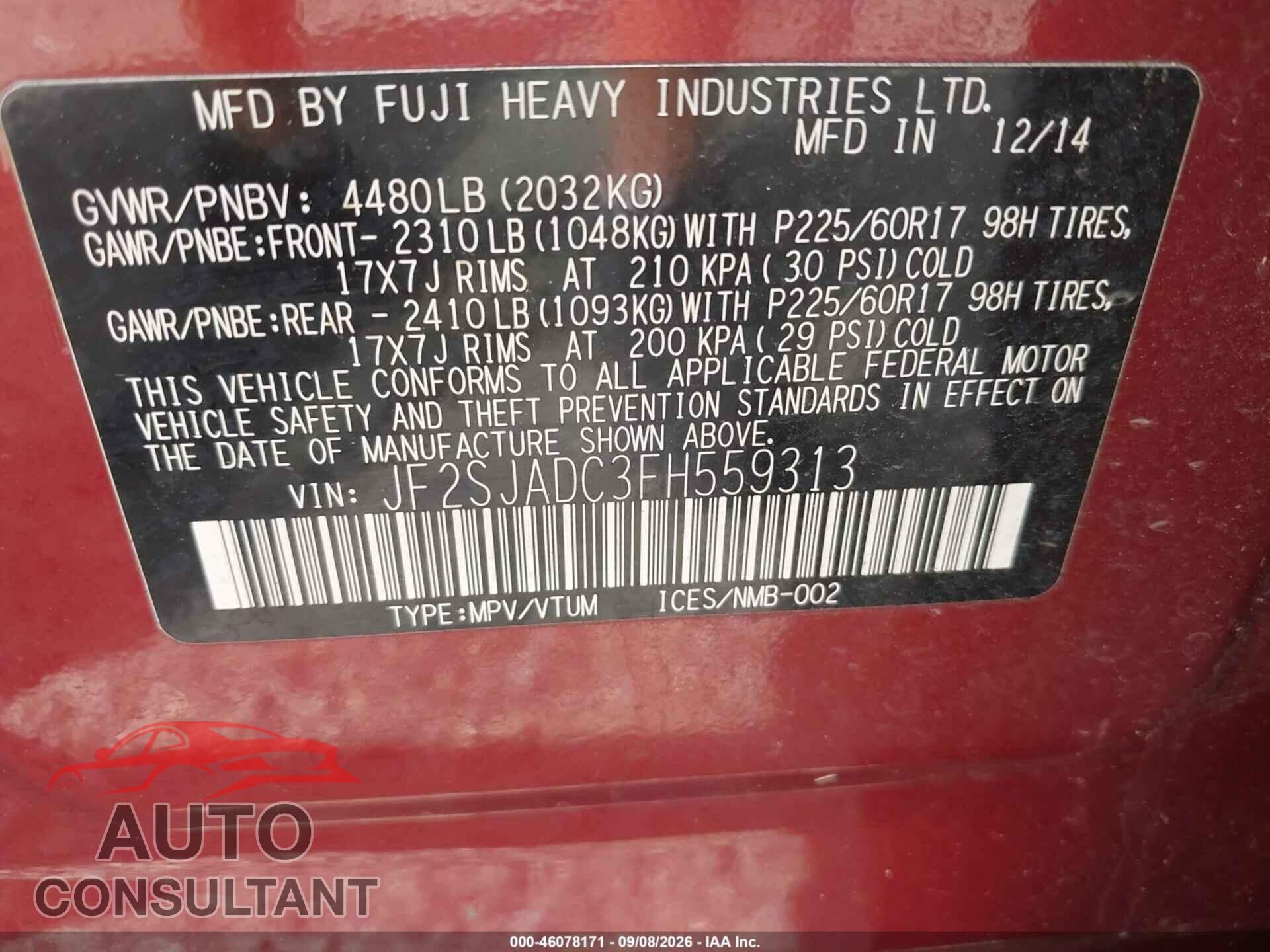 SUBARU FORESTER 2015 - JF2SJADC3FH559313