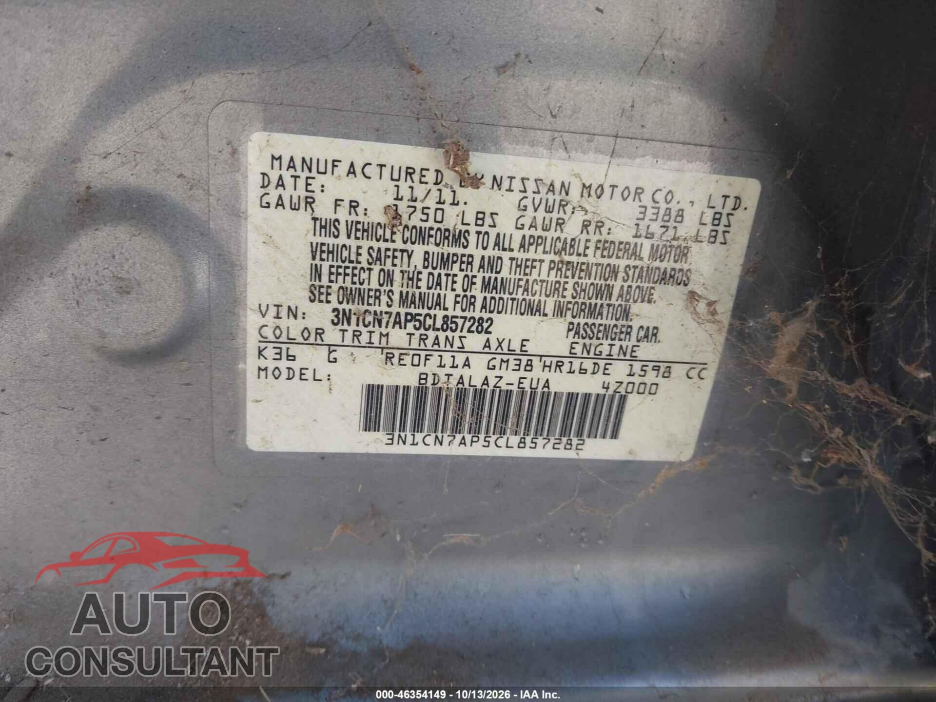 NISSAN VERSA 2012 - 3N1CN7AP5CL857282