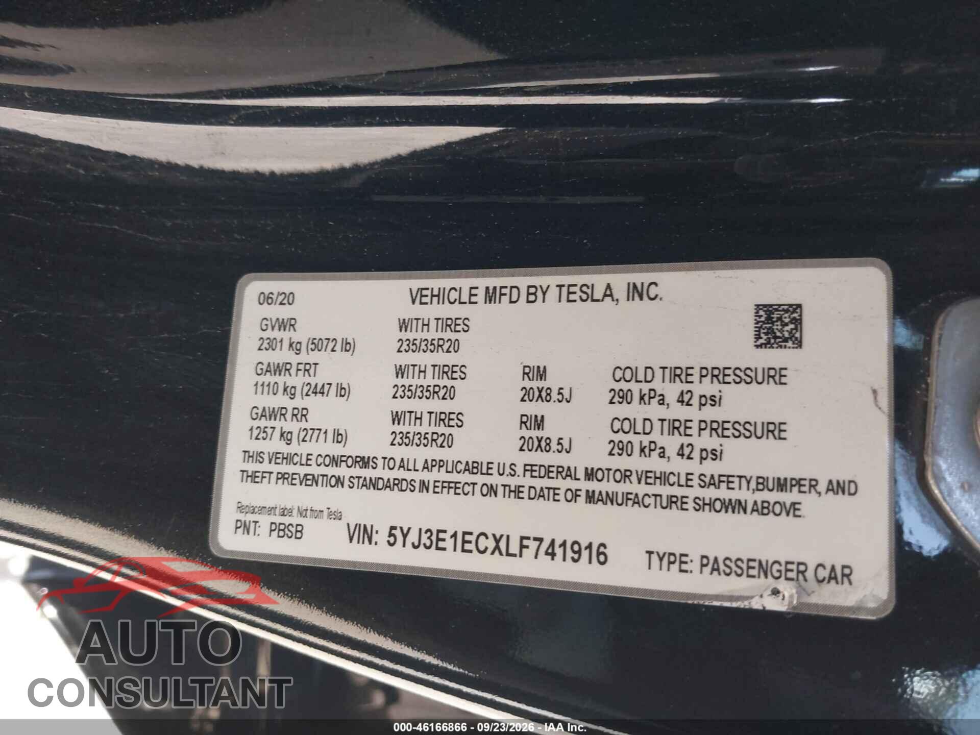 TESLA MODEL 3 2020 - 5YJ3E1ECXLF741916