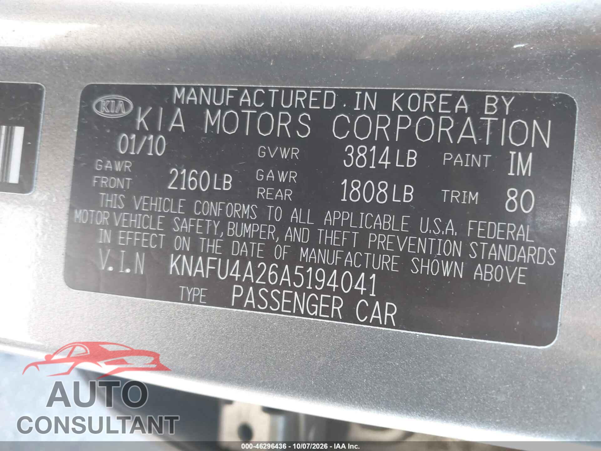 KIA FORTE 2010 - KNAFU4A26A5194041