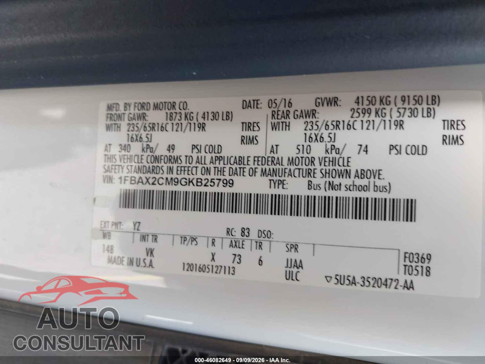 FORD TRANSIT-350 2016 - 1FBAX2CM9GKB25799