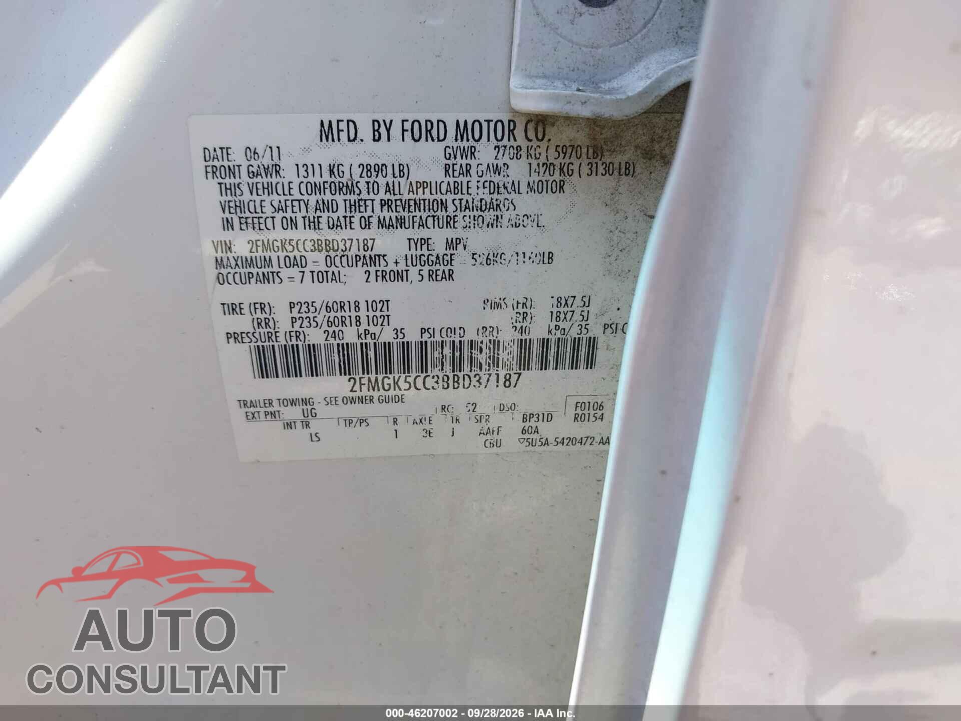 FORD FLEX 2011 - 2FMGK5CC3BBD37187