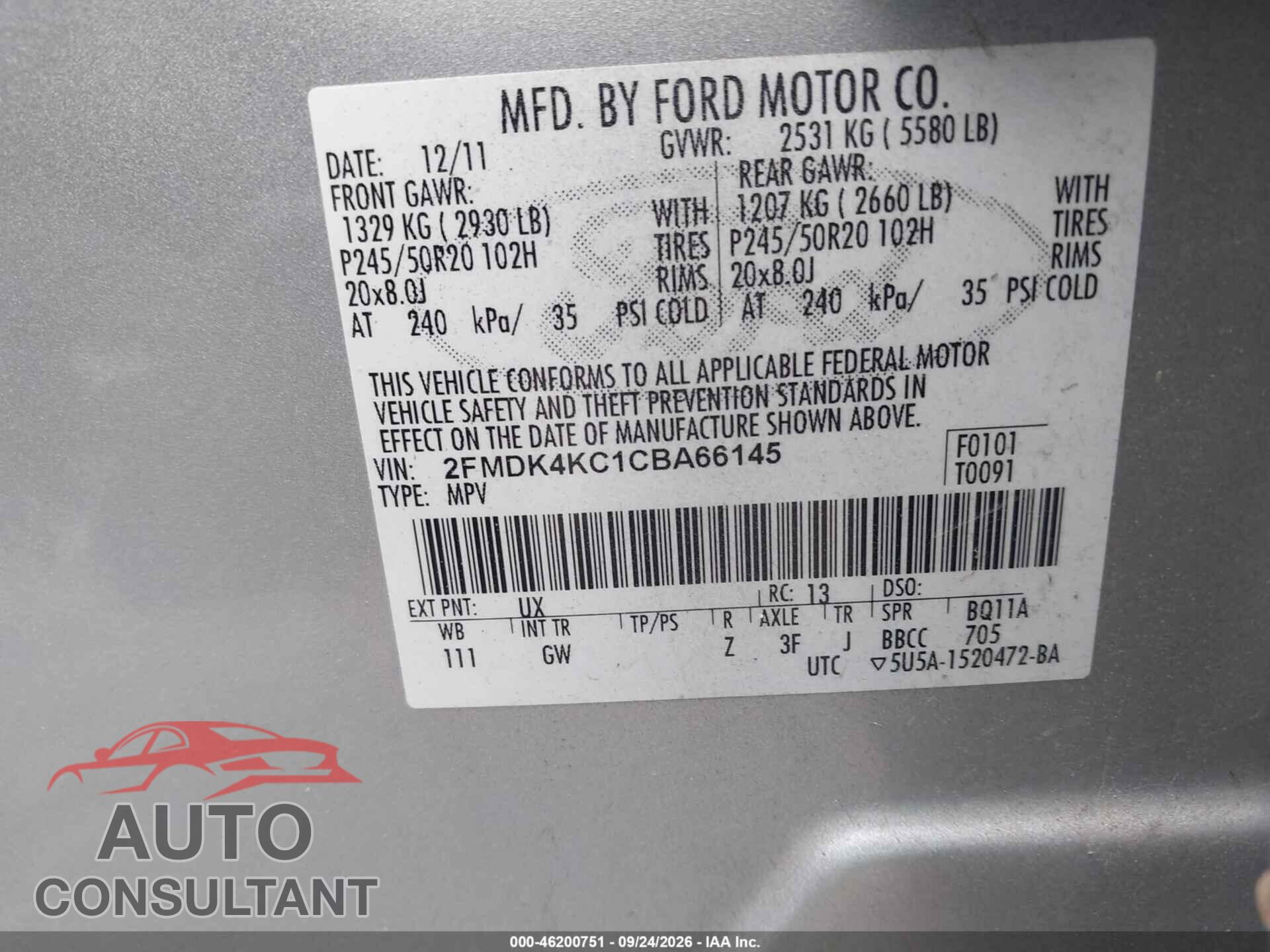 FORD EDGE 2012 - 2FMDK4KC1CBA66145
