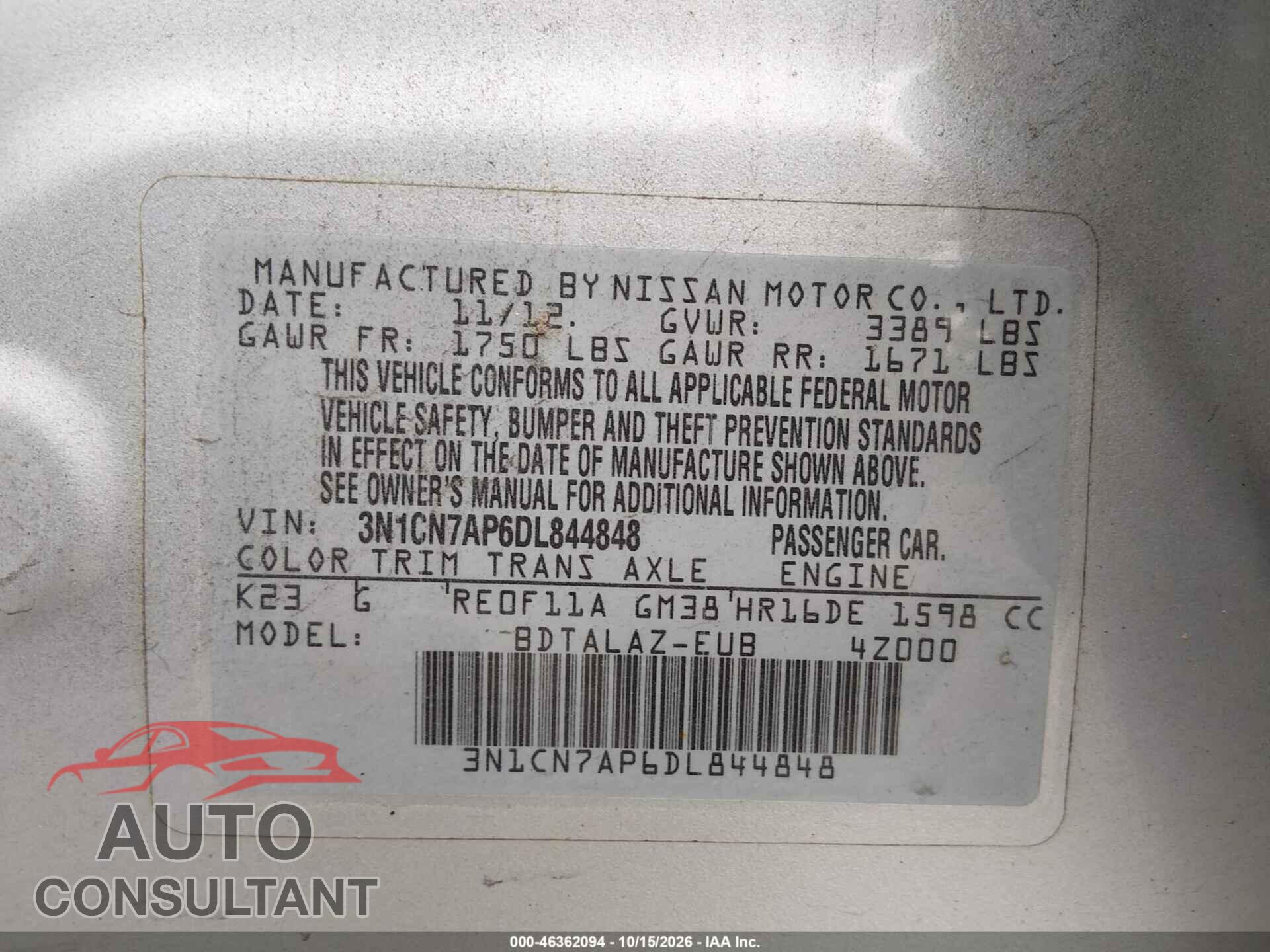 NISSAN VERSA 2013 - 3N1CN7AP6DL844848