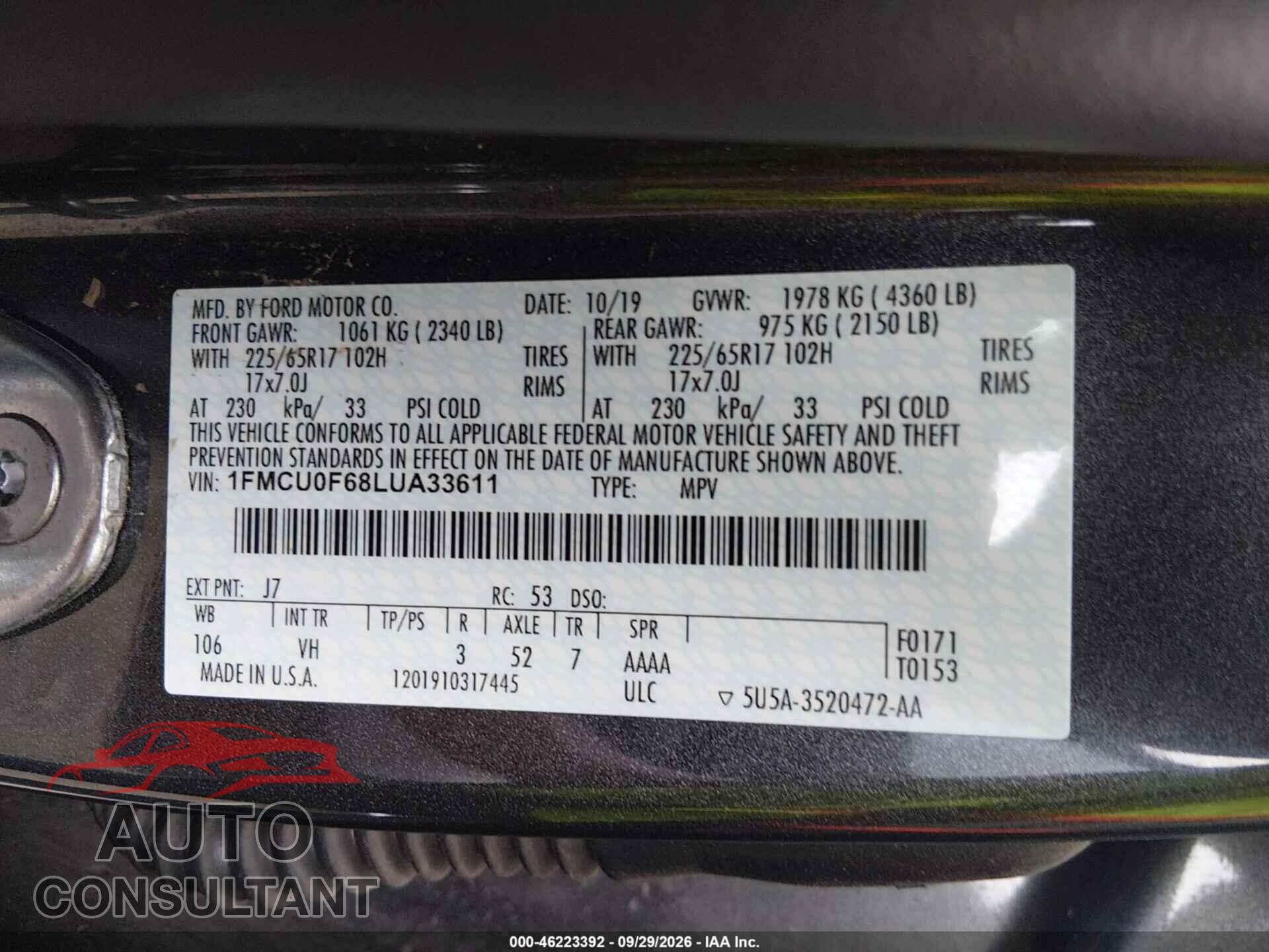 FORD ESCAPE 2020 - 1FMCU0F68LUA33611