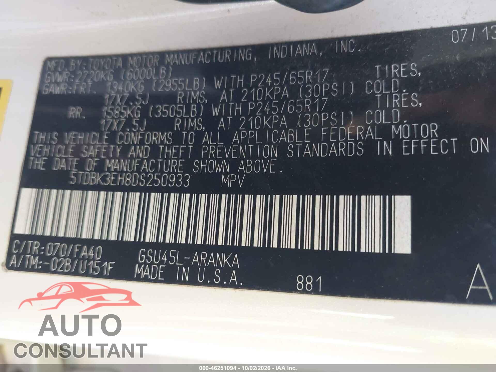 TOYOTA HIGHLANDER 2013 - 5TDBK3EH8DS250933