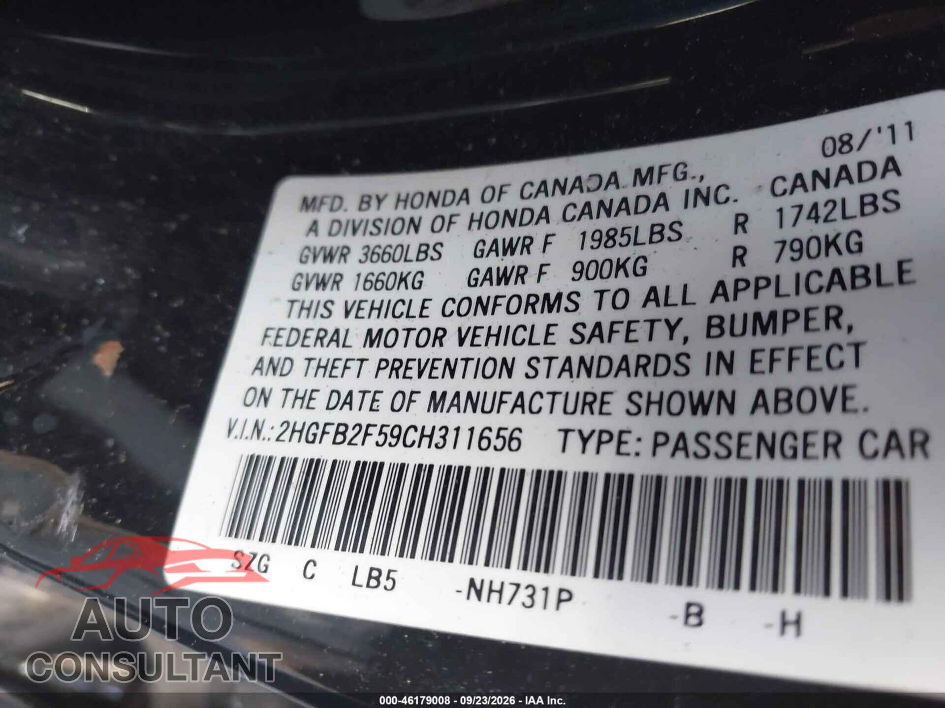 HONDA CIVIC 2012 - 2HGFB2F59CH311656