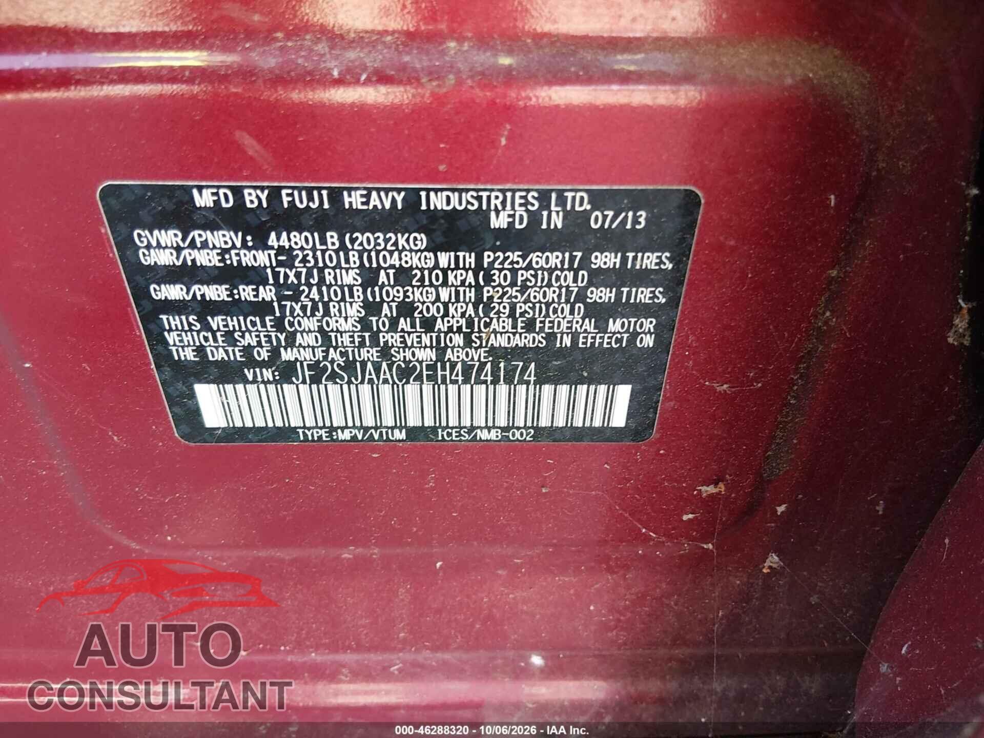 SUBARU FORESTER 2014 - JF2SJAAC2EH474174