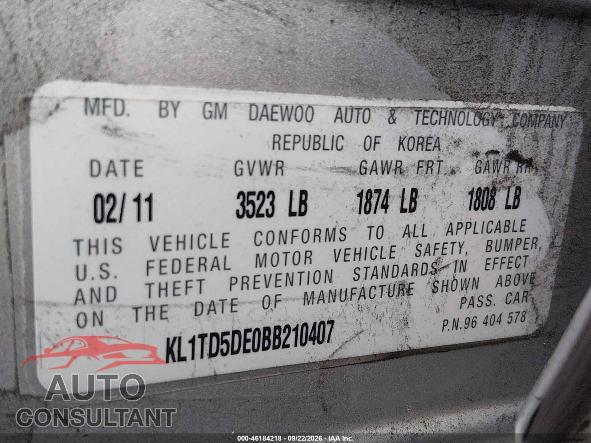 CHEVROLET AVEO 2011 - KL1TD5DE0BB210407