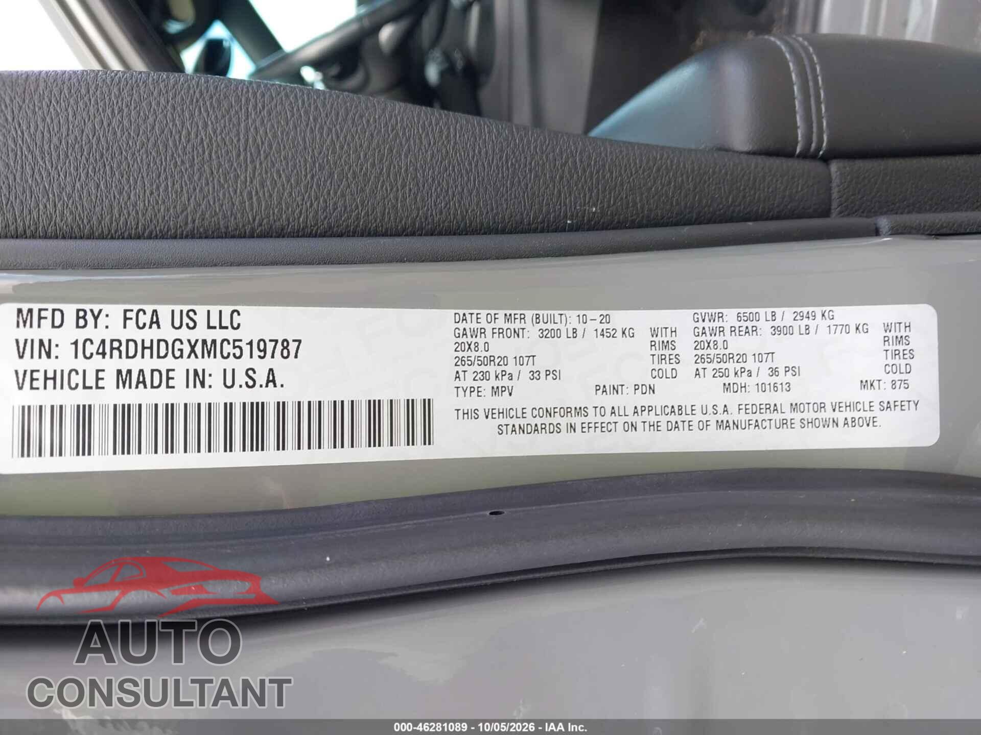 DODGE DURANGO 2021 - 1C4RDHDGXMC519787