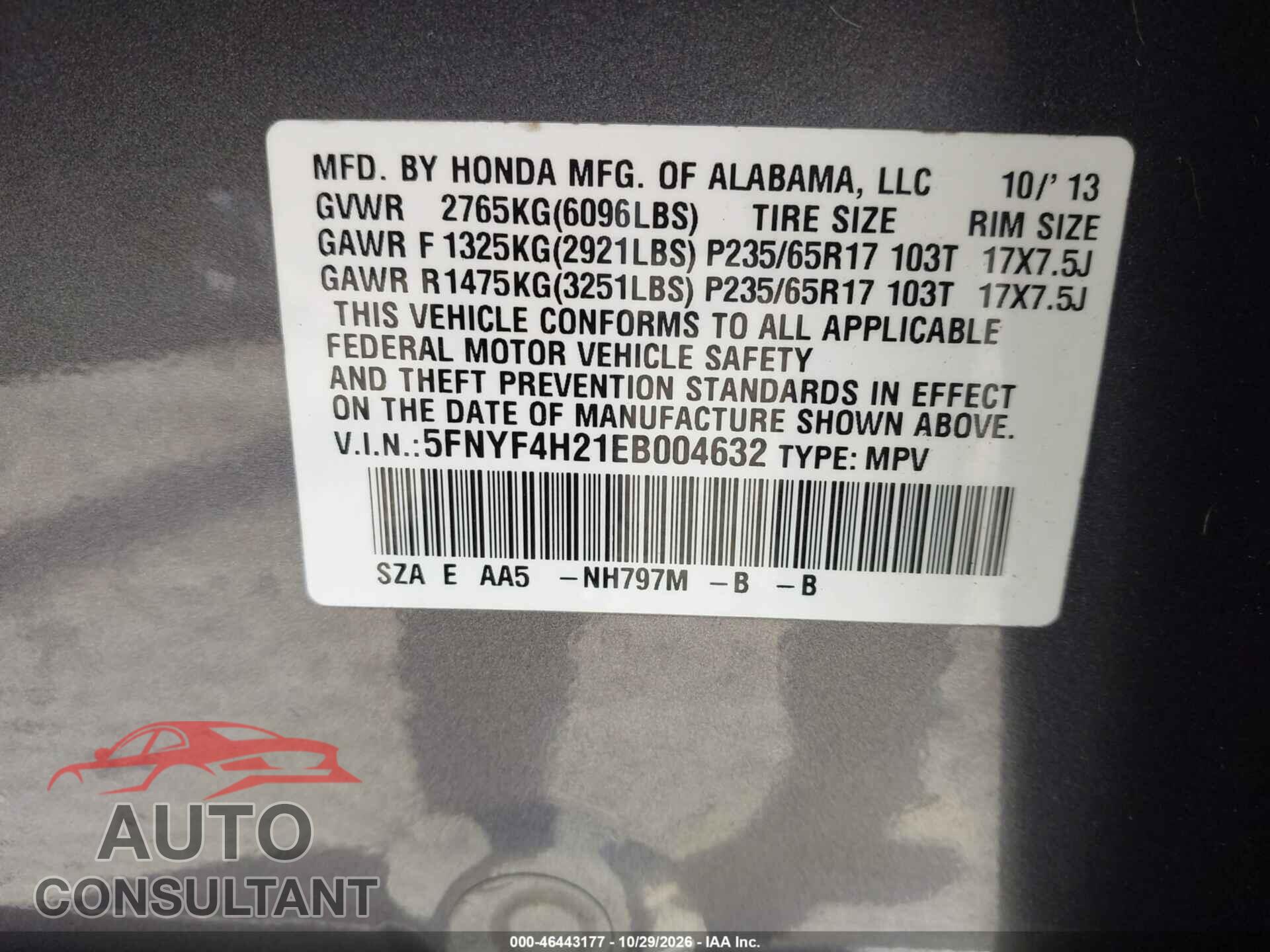HONDA PILOT 2014 - 5FNYF4H21EB004632