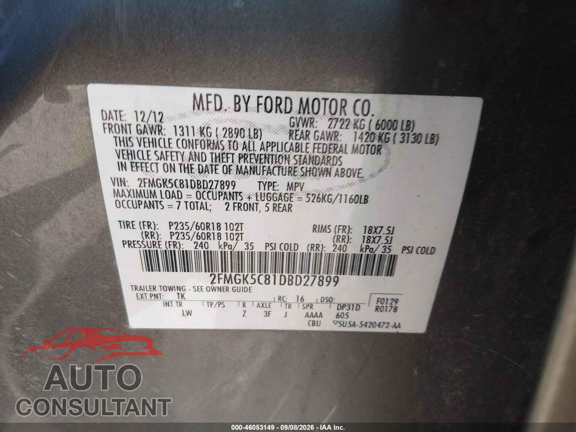 FORD FLEX 2013 - 2FMGK5C81DBD27899