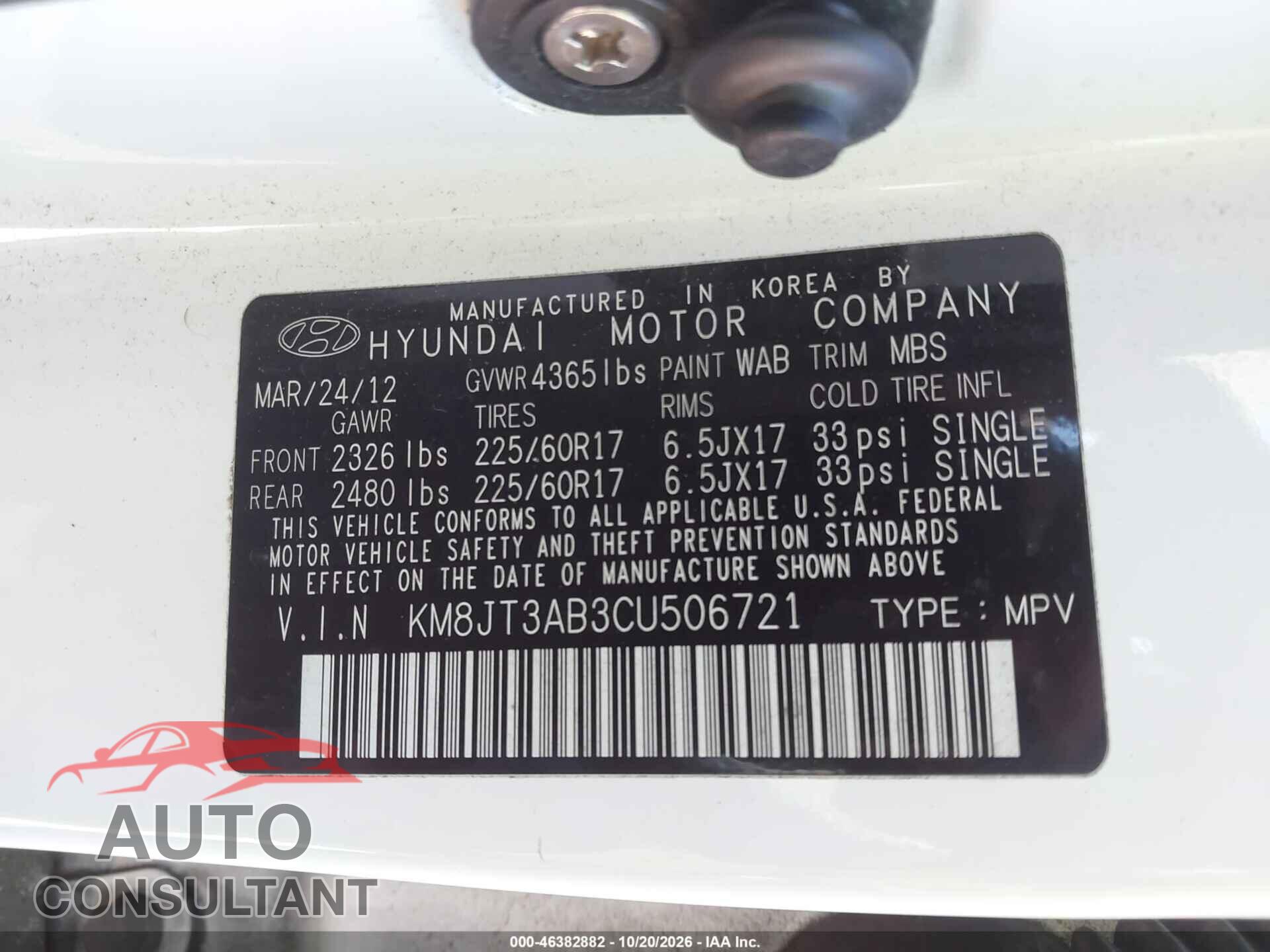 HYUNDAI TUCSON 2012 - KM8JT3AB3CU506721