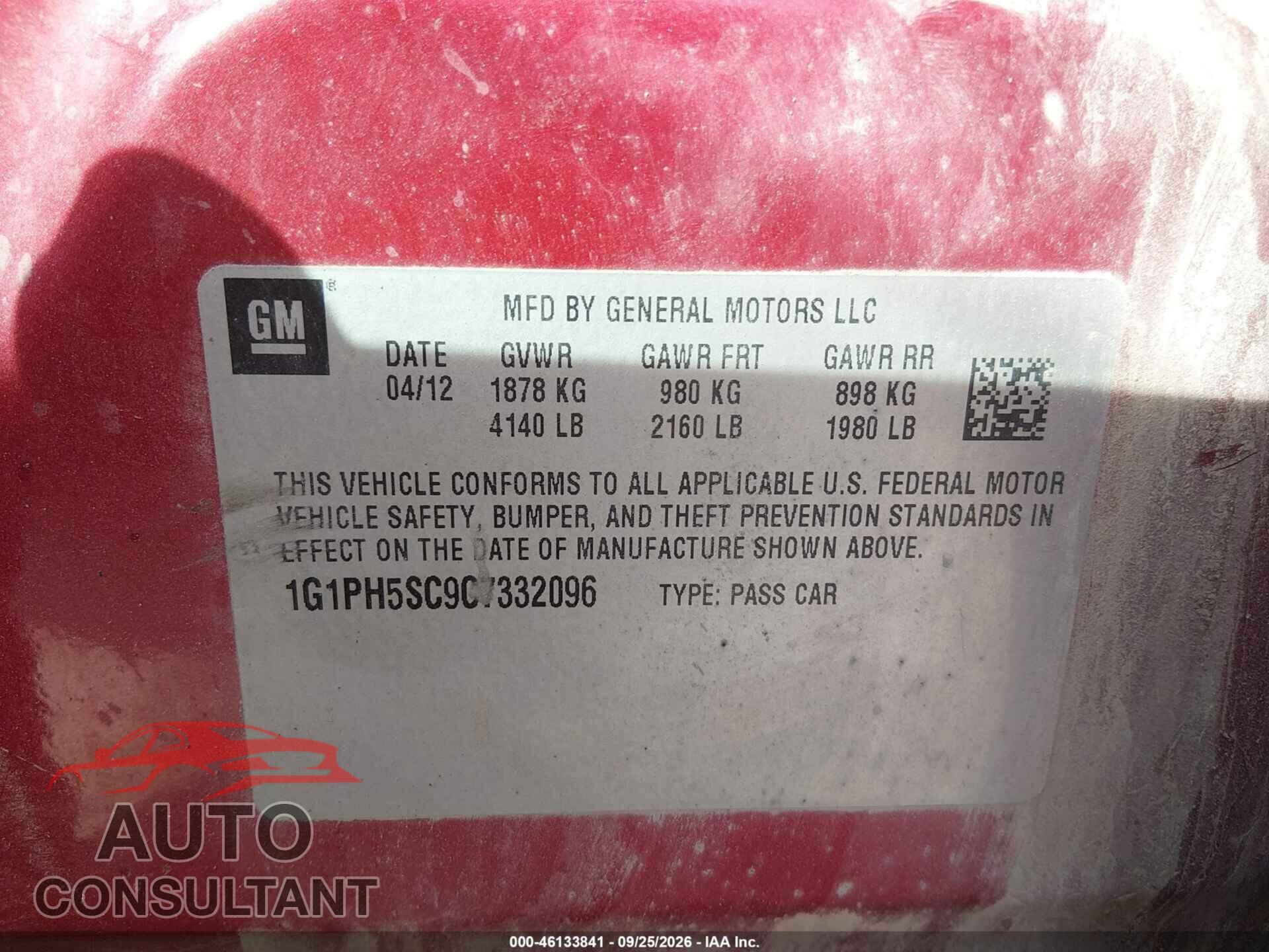 CHEVROLET CRUZE 2012 - 1G1PH5SC9C7332096
