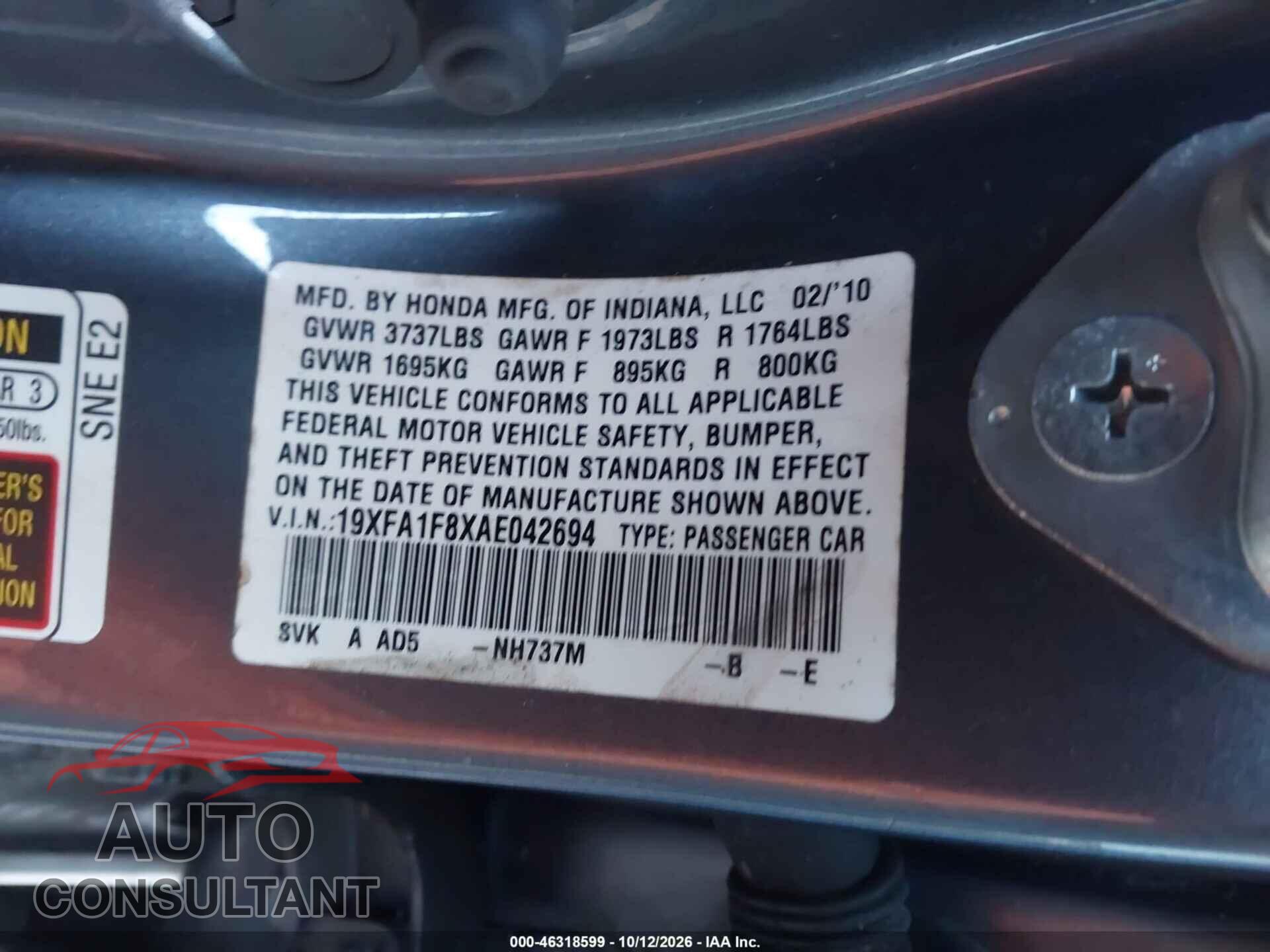 HONDA CIVIC 2010 - 19XFA1F8XAE042694