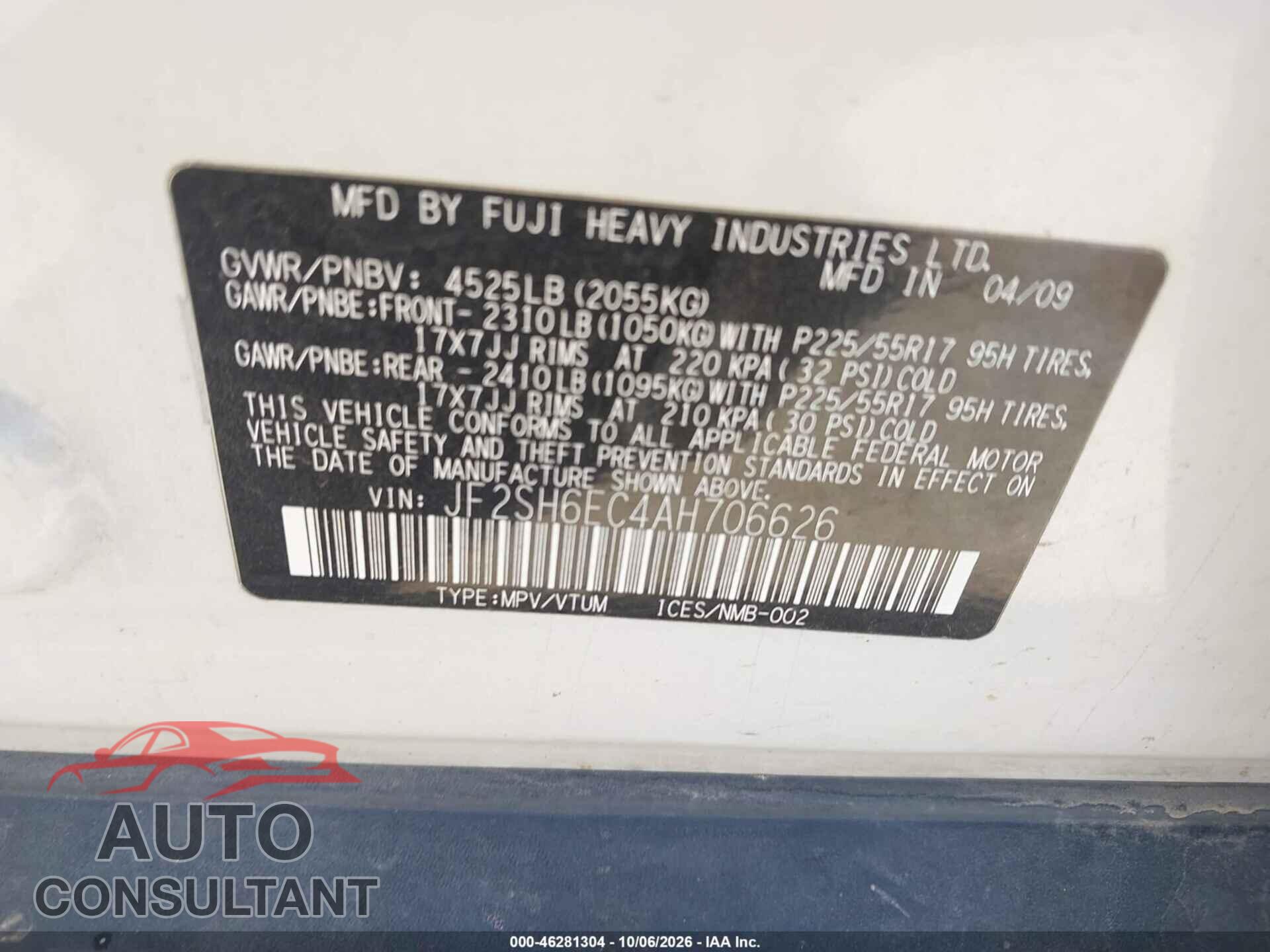 SUBARU FORESTER 2010 - JF2SH6EC4AH706626