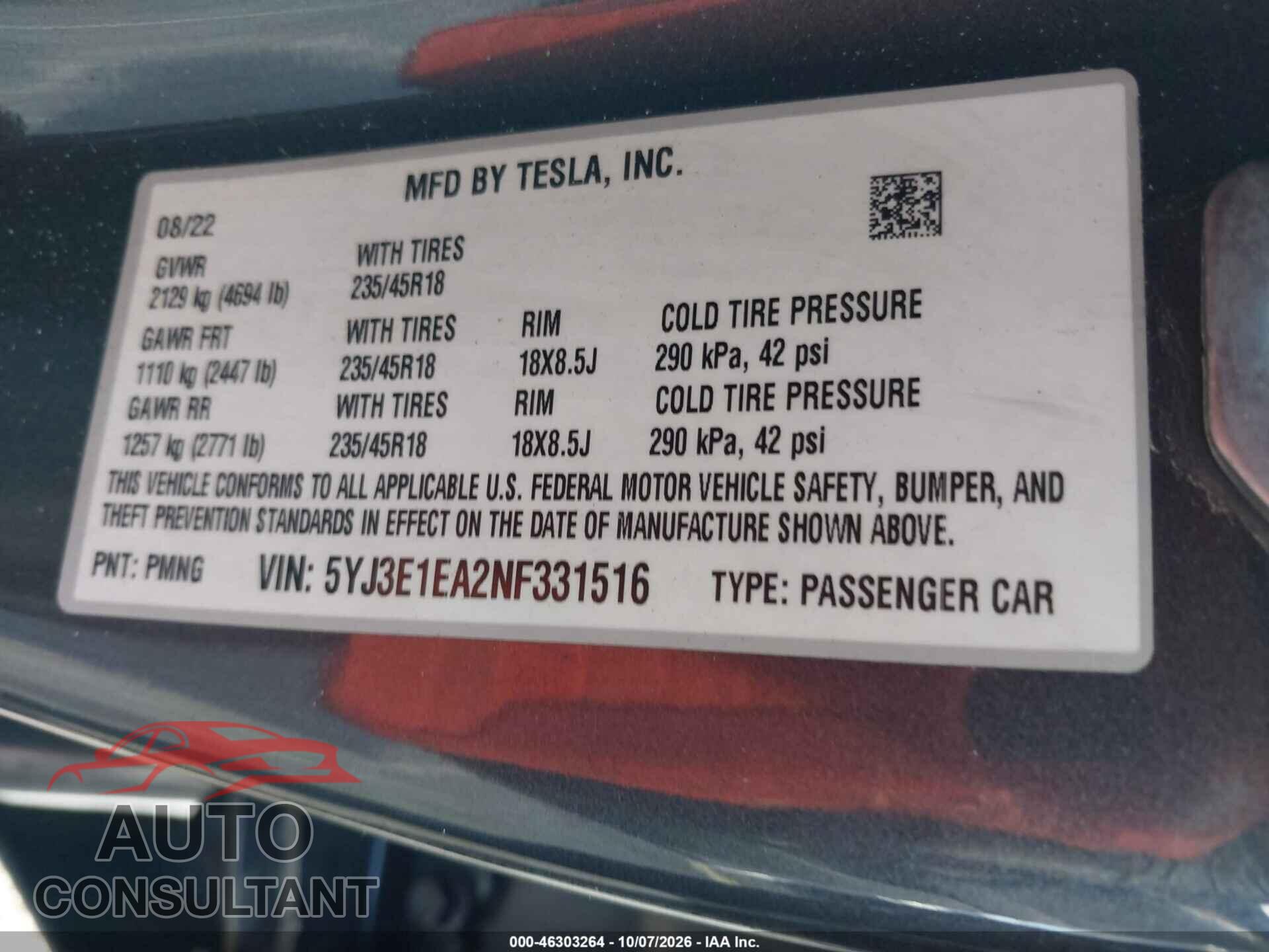 TESLA MODEL 3 2022 - 5YJ3E1EA2NF331516