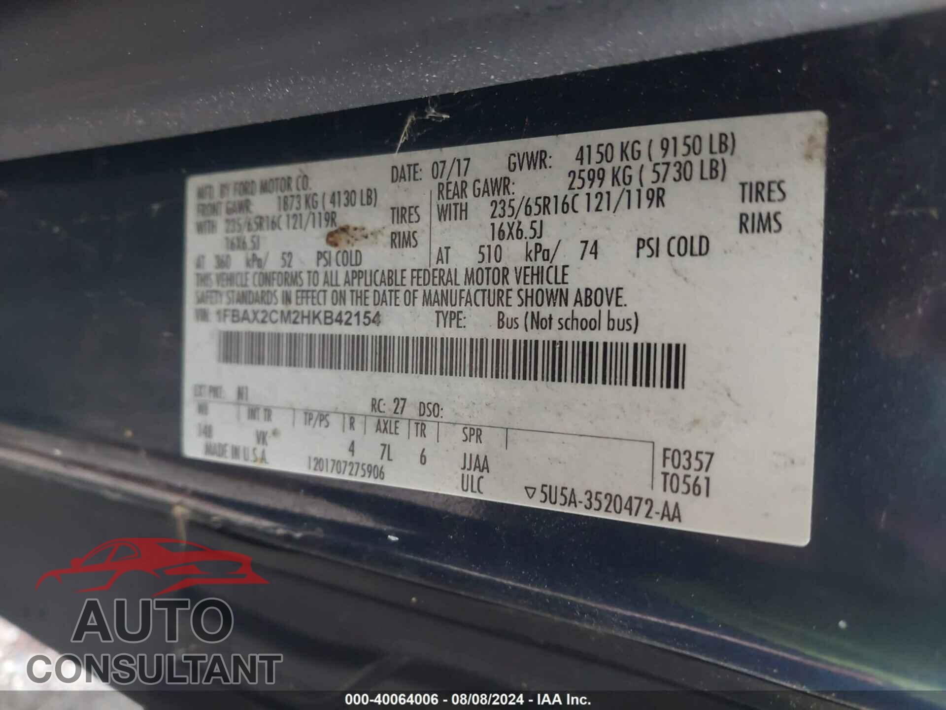 FORD TRANSIT-350 2017 - 1FBAX2CM2HKB42154
