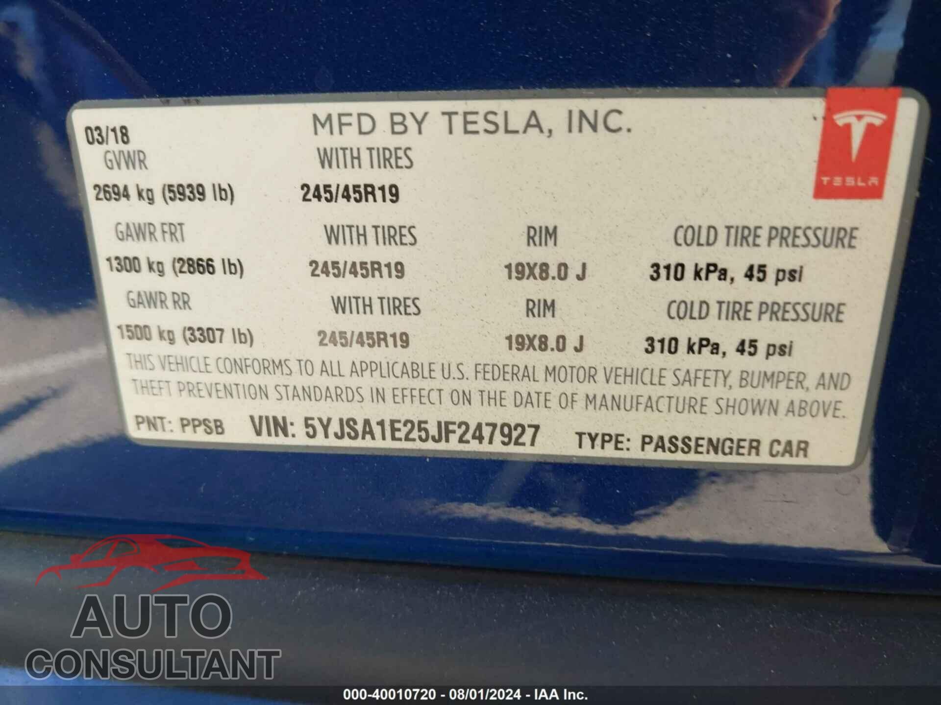 TESLA MODEL S 2018 - 5YJSA1E25JF247927