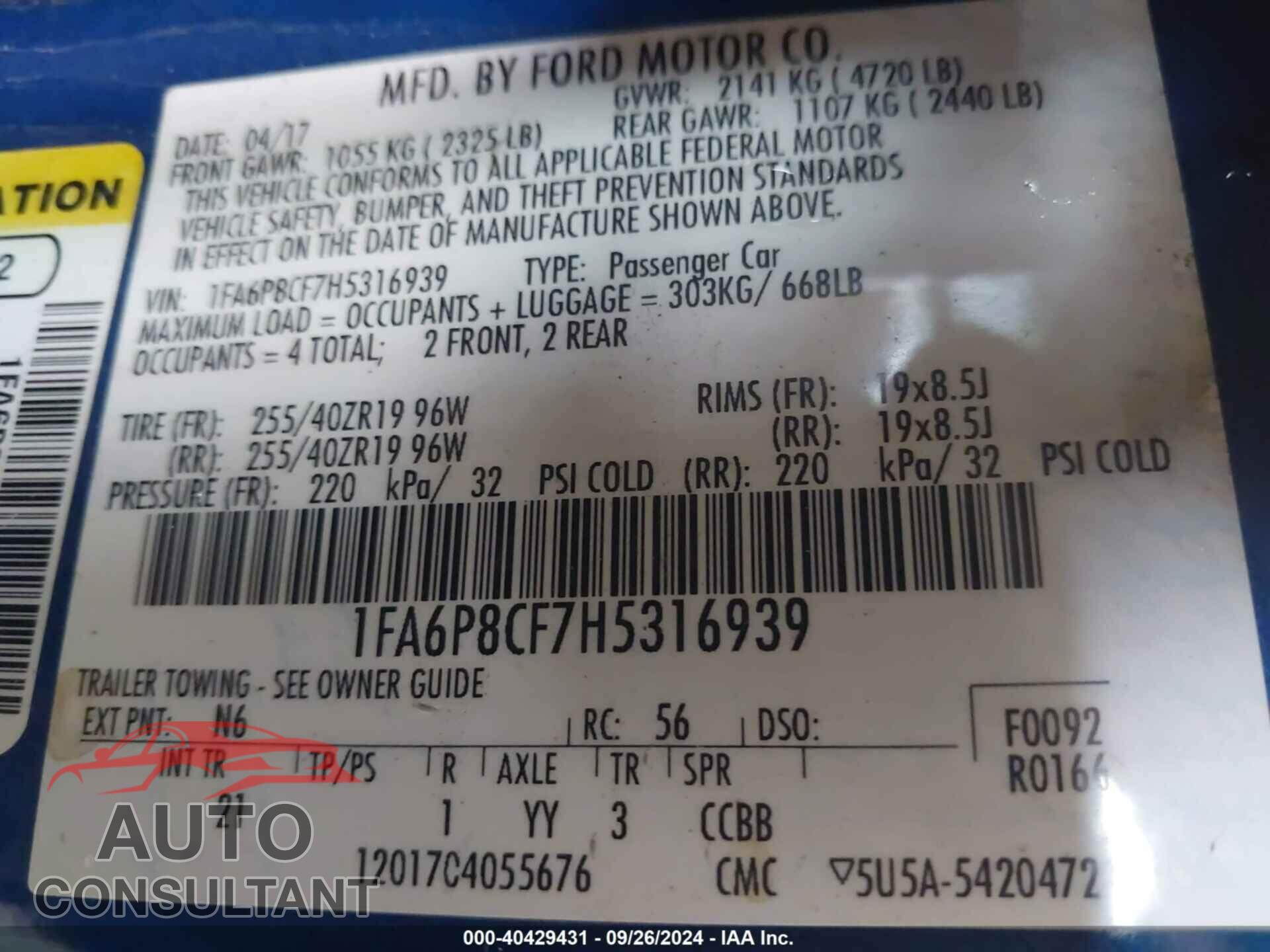 FORD MUSTANG 2017 - 1FA6P8CF7H5316939