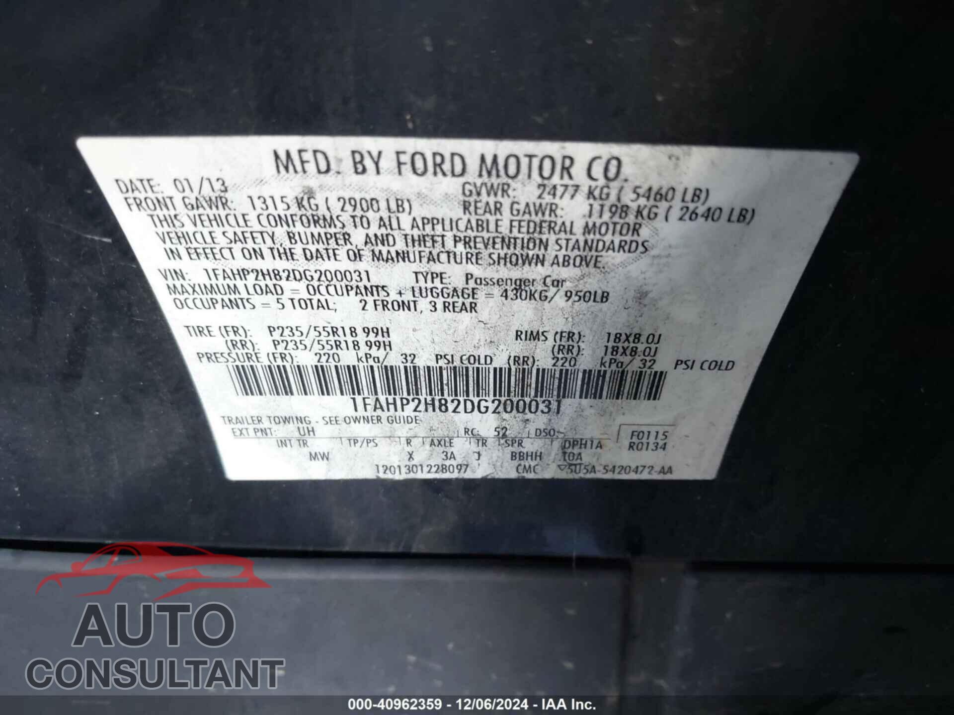 FORD TAURUS 2013 - 1FAHP2H82DG200031