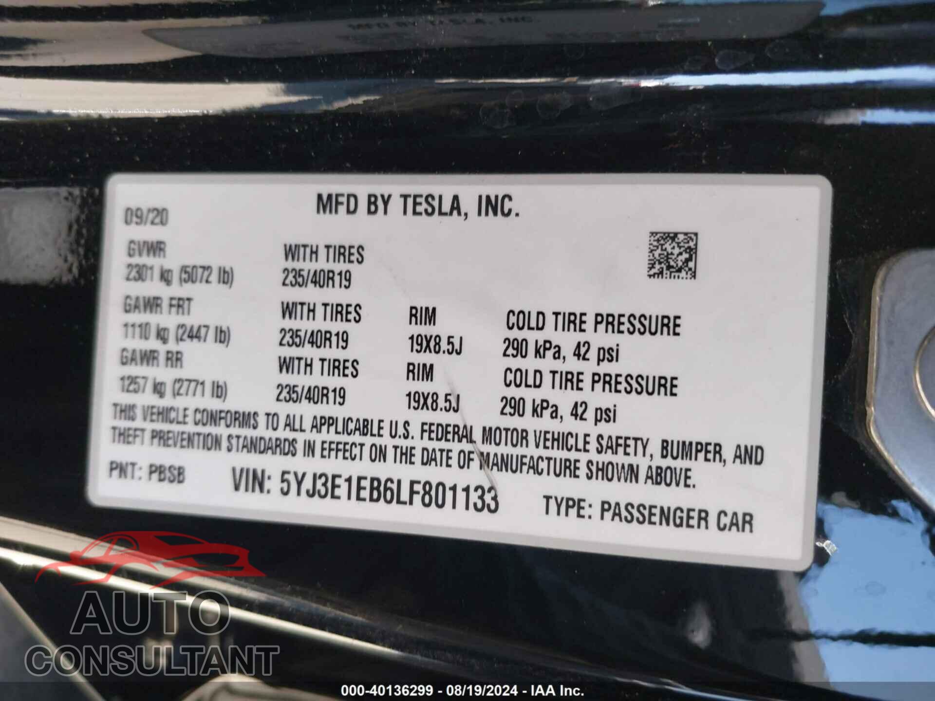 TESLA MODEL 3 2020 - 5YJ3E1EB6LF801133