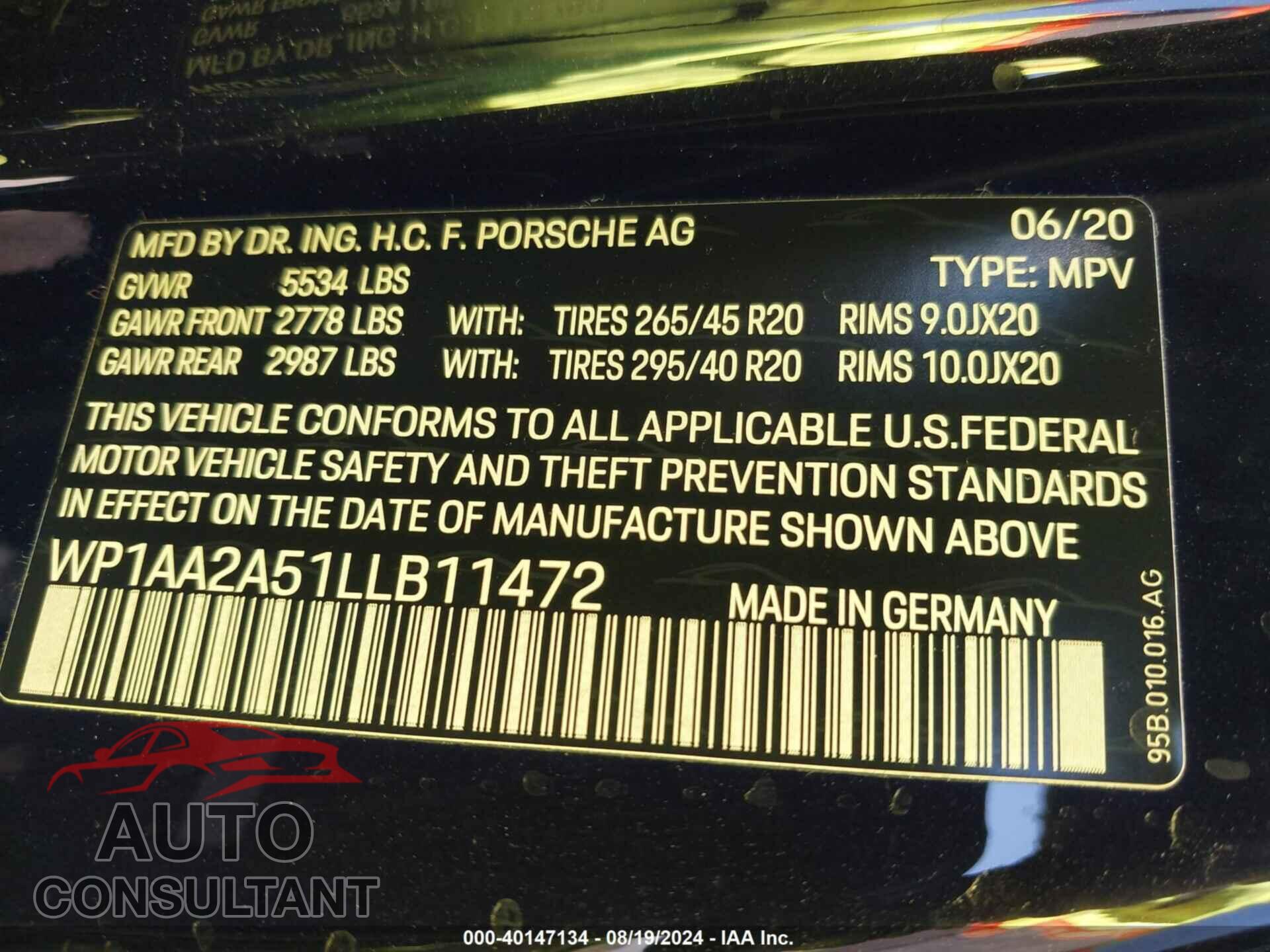 PORSCHE MACAN 2020 - WP1AA2A51LLB11472