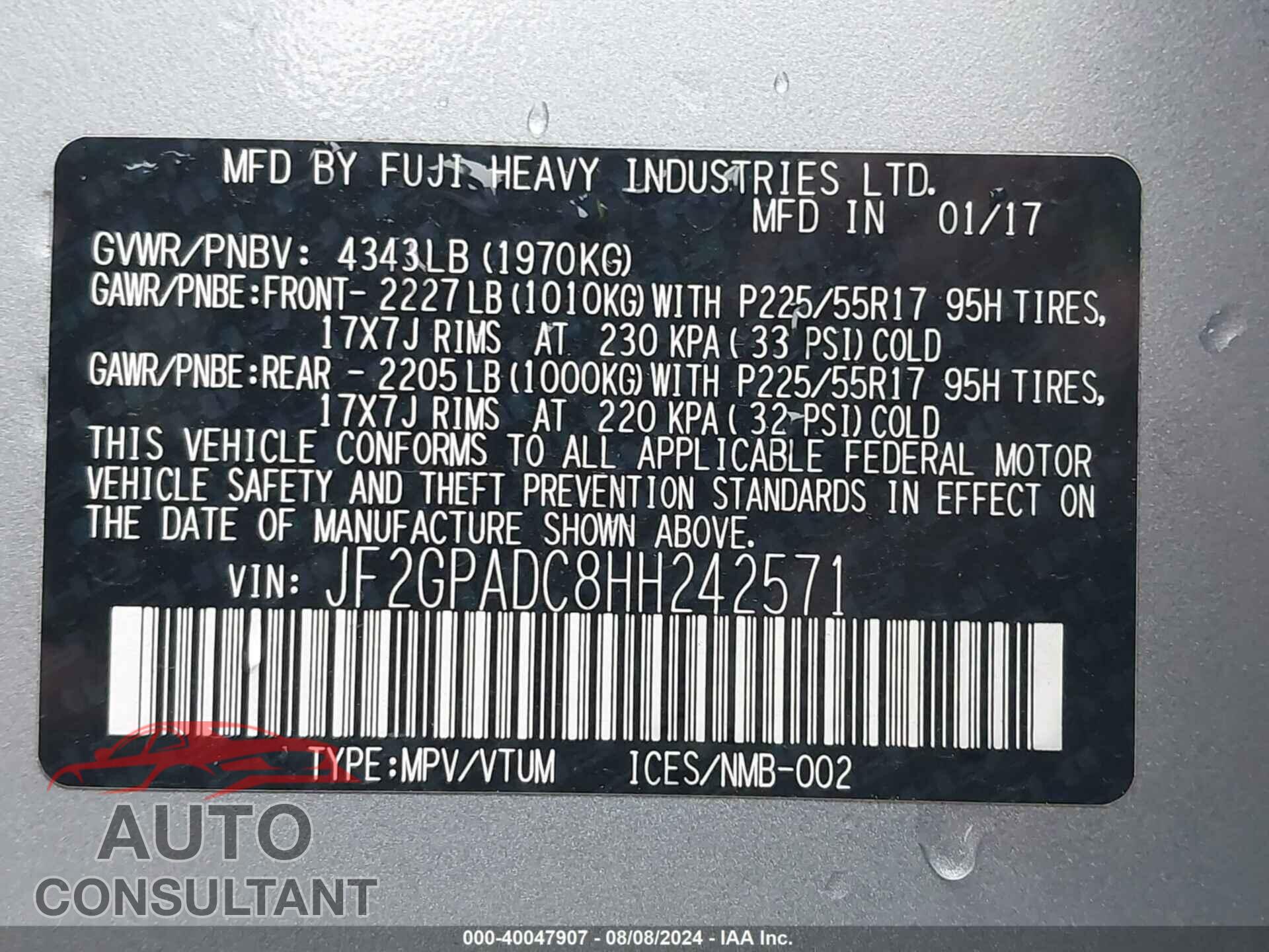 SUBARU CROSSTREK 2017 - JF2GPADC8HH242571